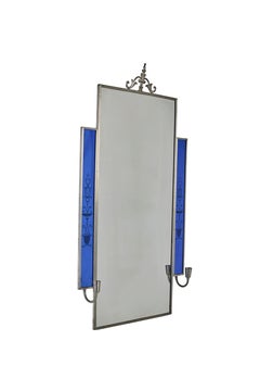 Swedish Grace Mirror with Etched Blue Glass and Pewter Frame, 1930s