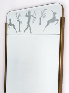 Swedish Grace Mirror with Etched Glass Panel Depicting Diana the Huntress