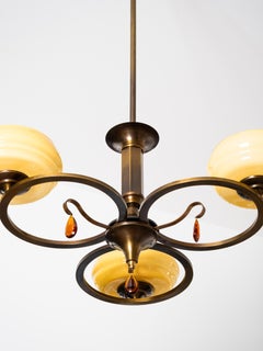 Swedish Grace Oxidised Brass & Amber Glass Pendant Chandelier, 1930s