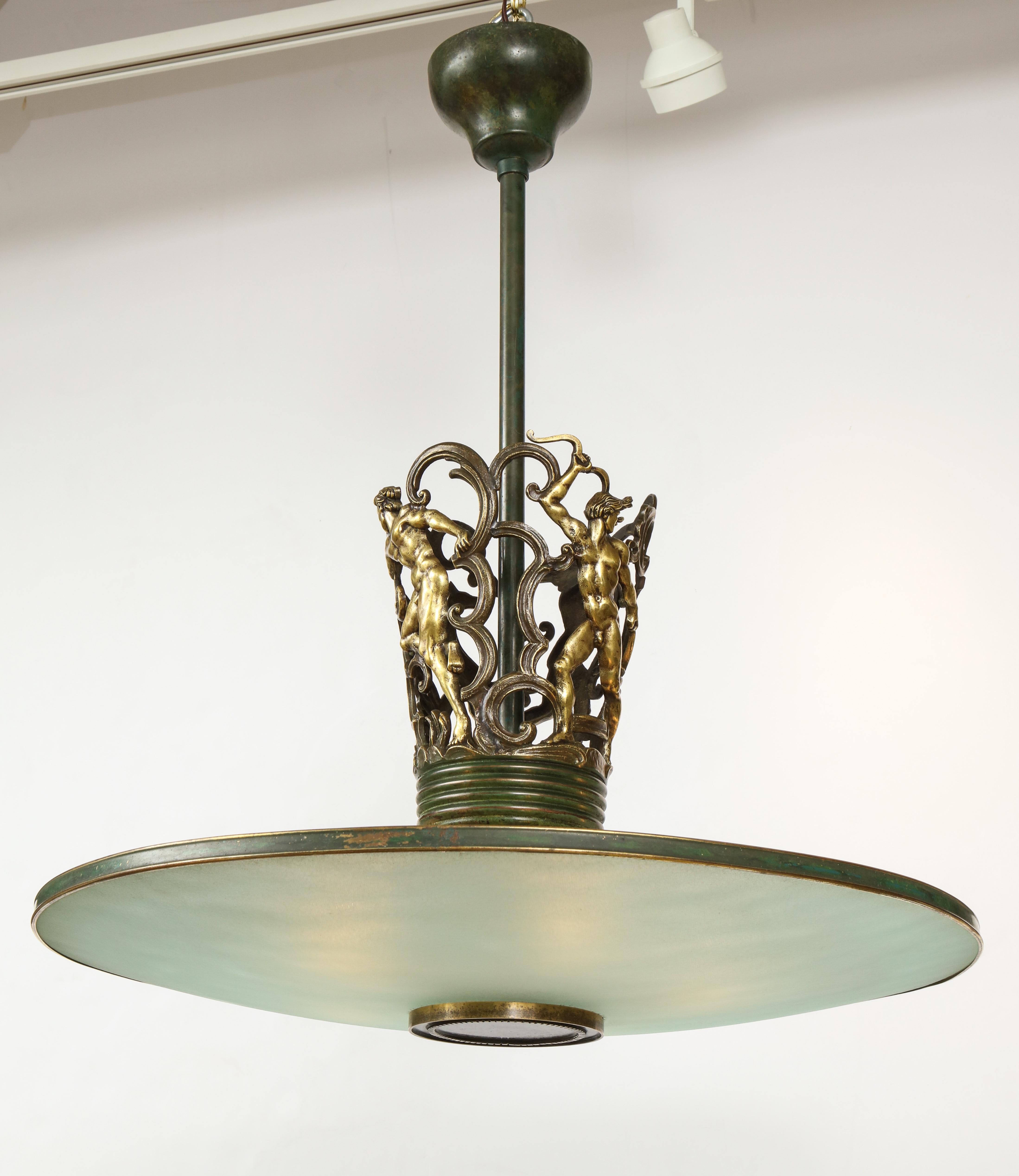 Swedish Grace Patinated Bronze and Frosted Glass Chandelier, circa 1920s 5