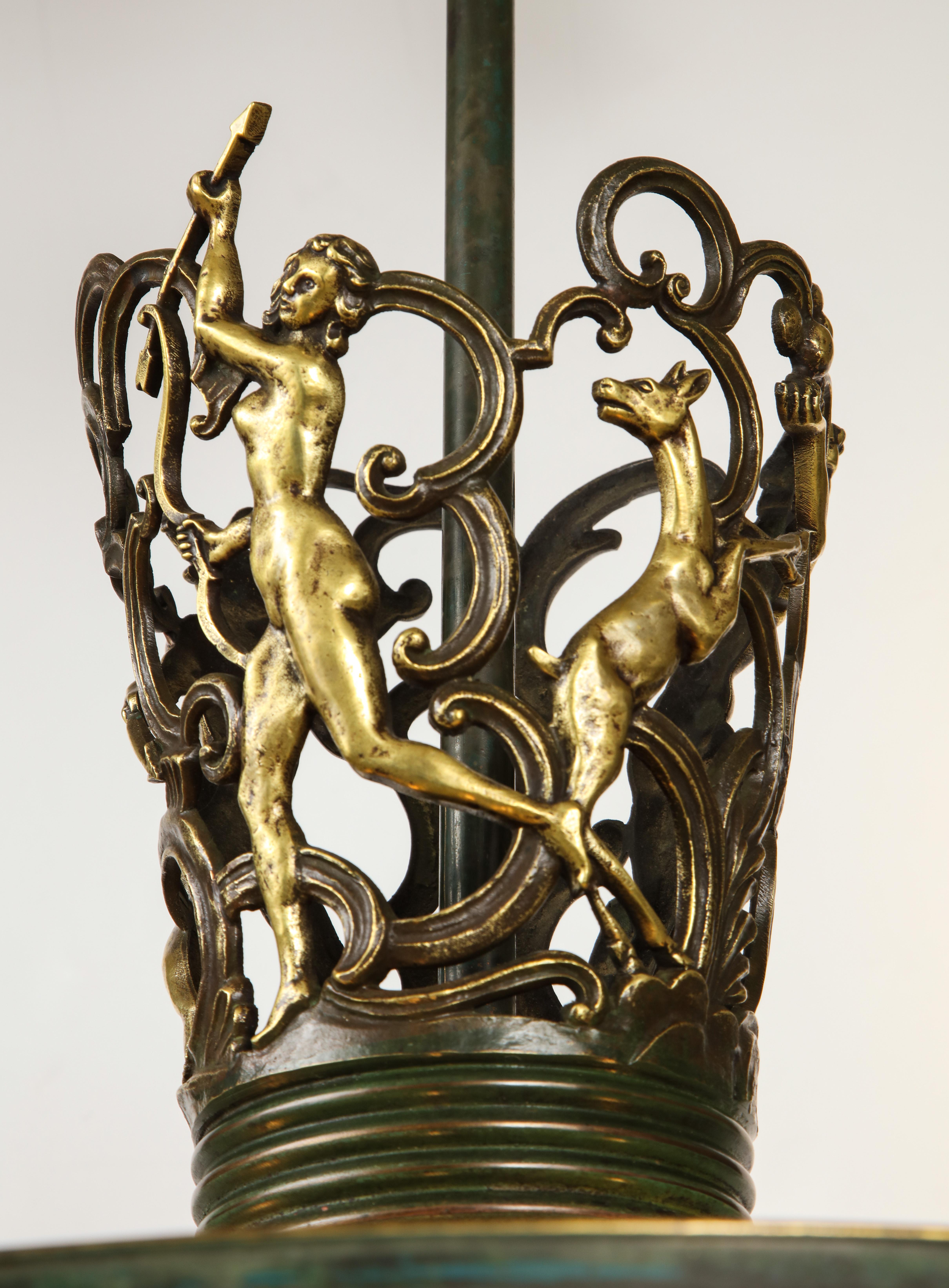 Swedish Grace Patinated Bronze and Frosted Glass Chandelier, circa 1920s 6