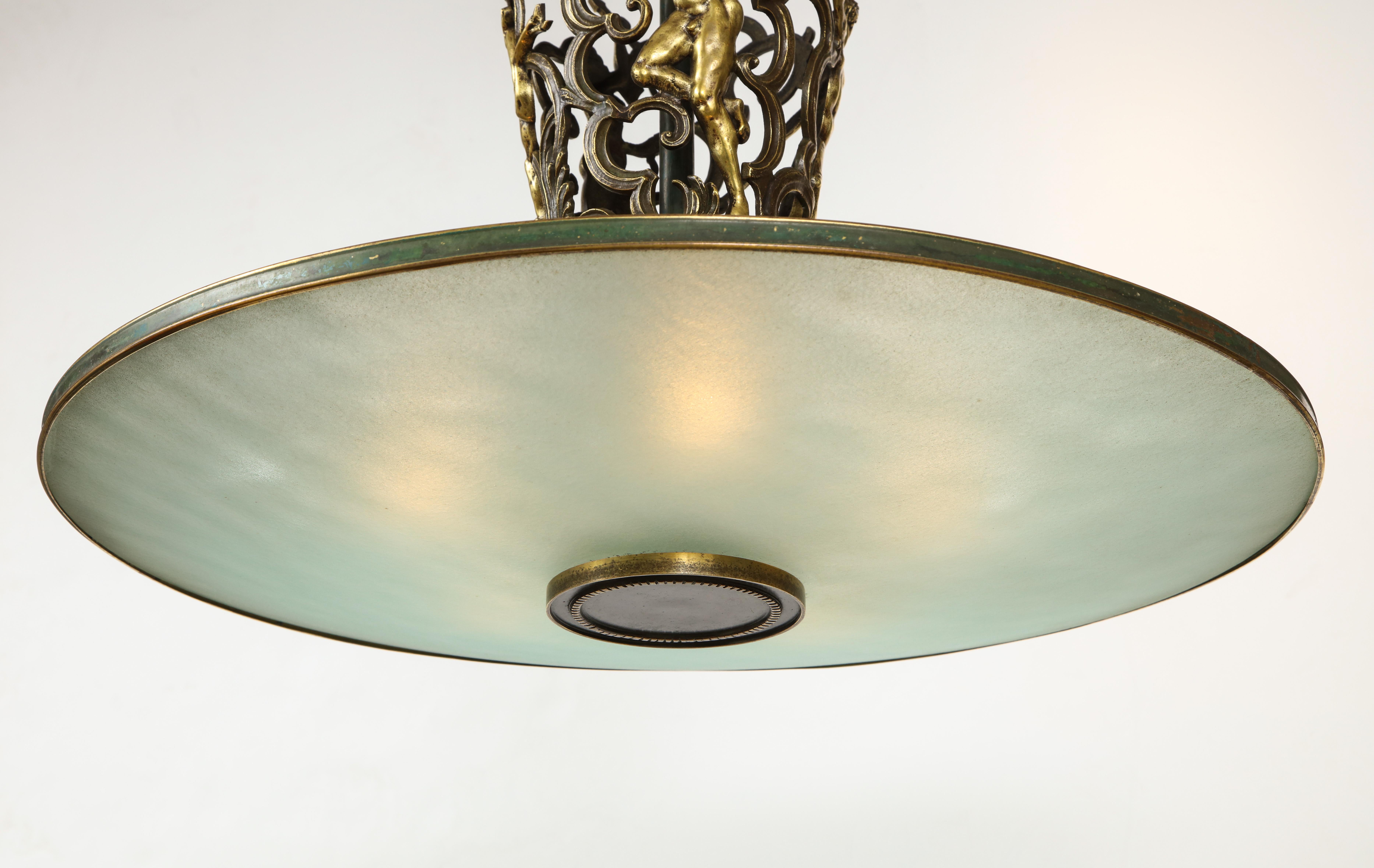 Art Deco Swedish Grace Patinated Bronze and Frosted Glass Chandelier, circa 1920s