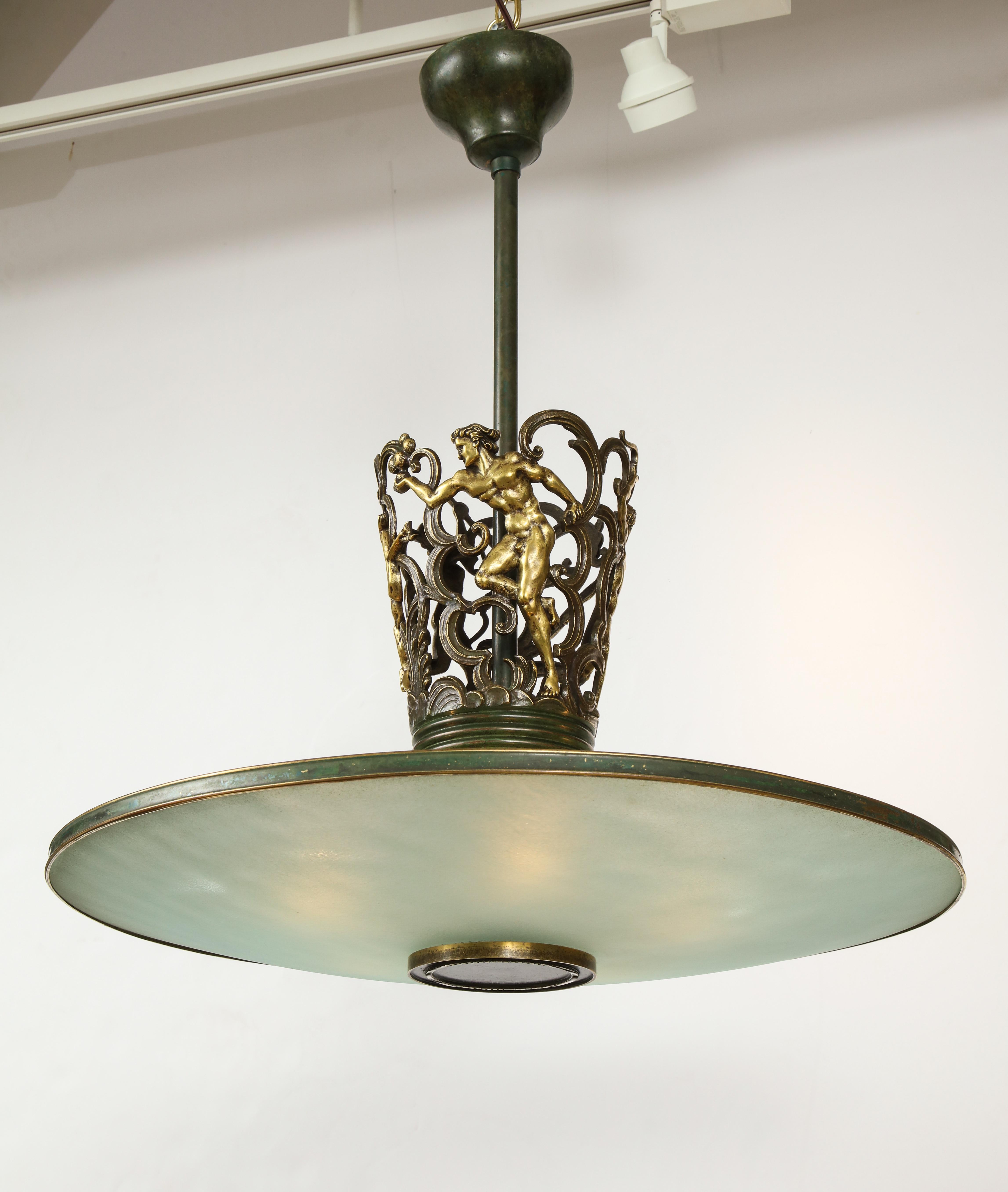 Early 20th Century Swedish Grace Patinated Bronze and Frosted Glass Chandelier, circa 1920s