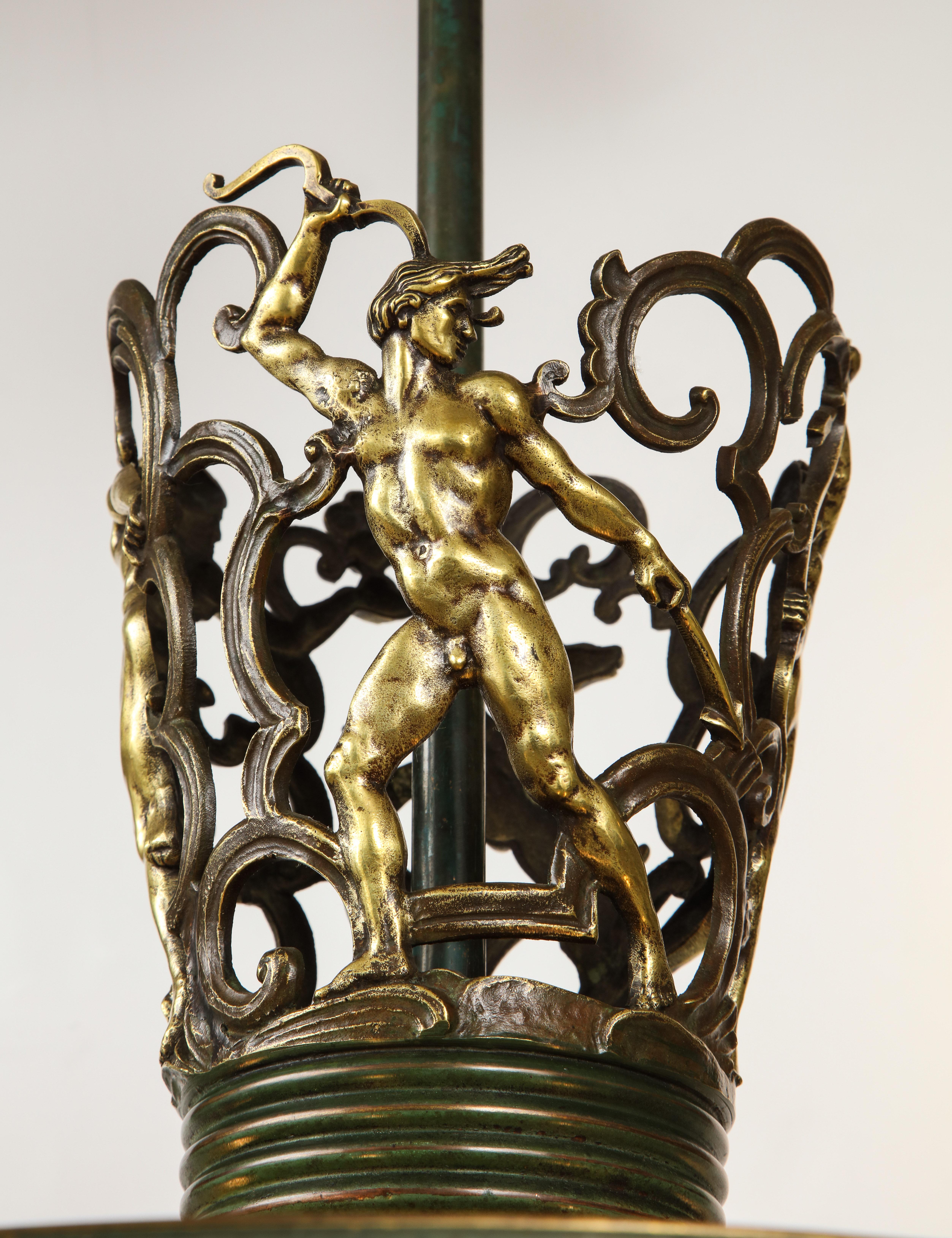 Swedish Grace Patinated Bronze and Frosted Glass Chandelier, circa 1920s 1