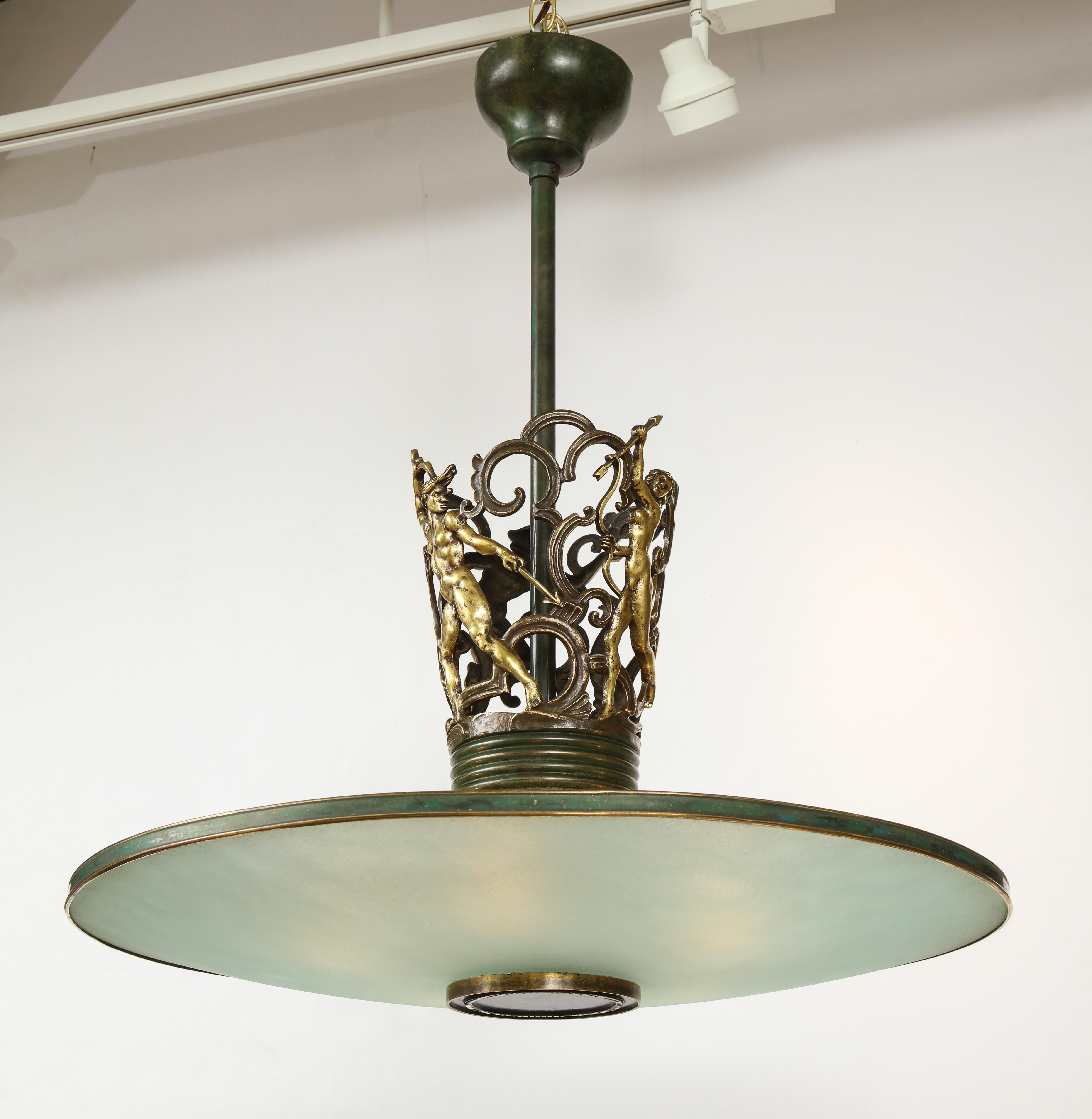 Swedish Grace Patinated Bronze and Frosted Glass Chandelier, circa 1920s 2