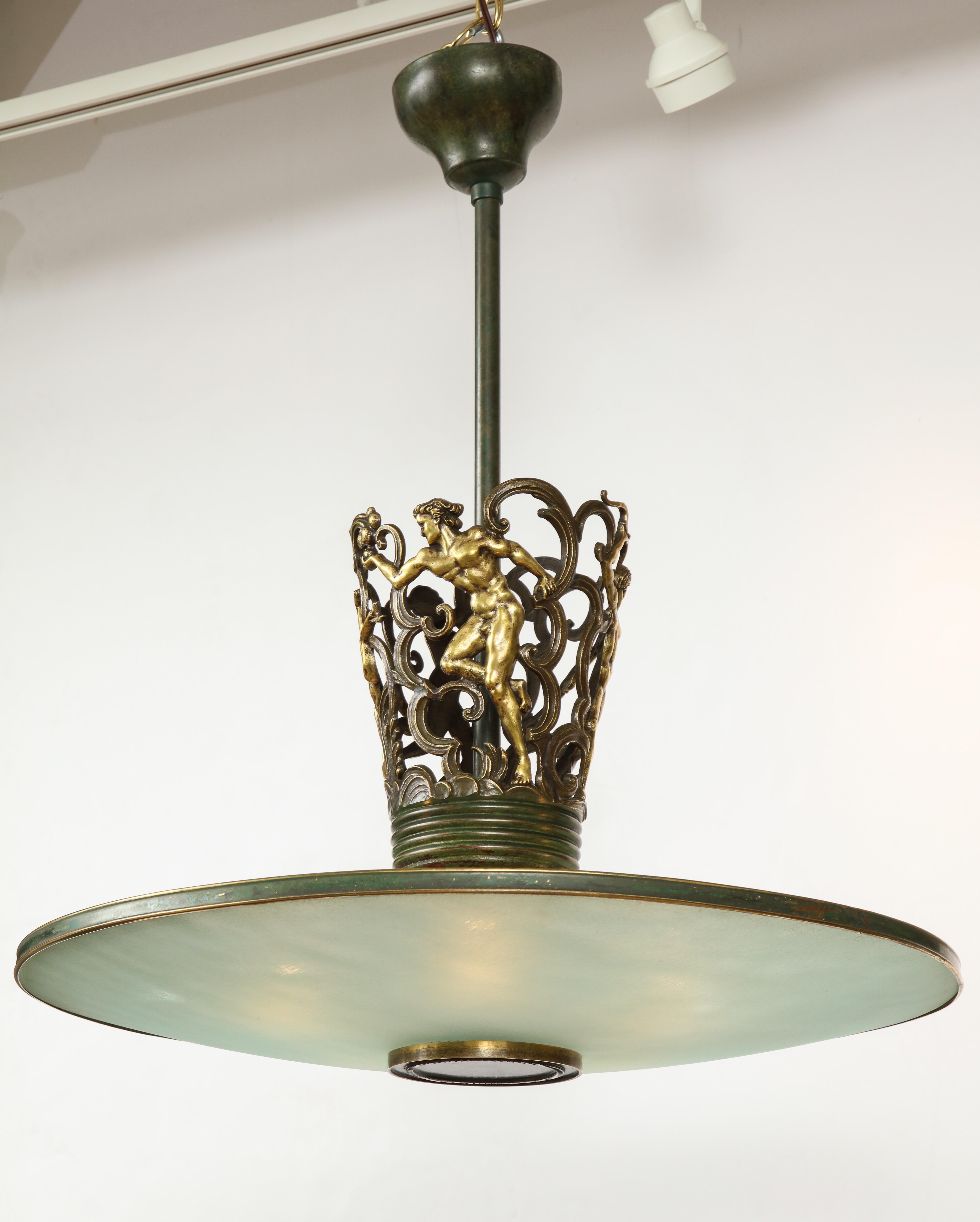 Swedish Grace Patinated Bronze and Frosted Glass Chandelier, circa 1920s 3