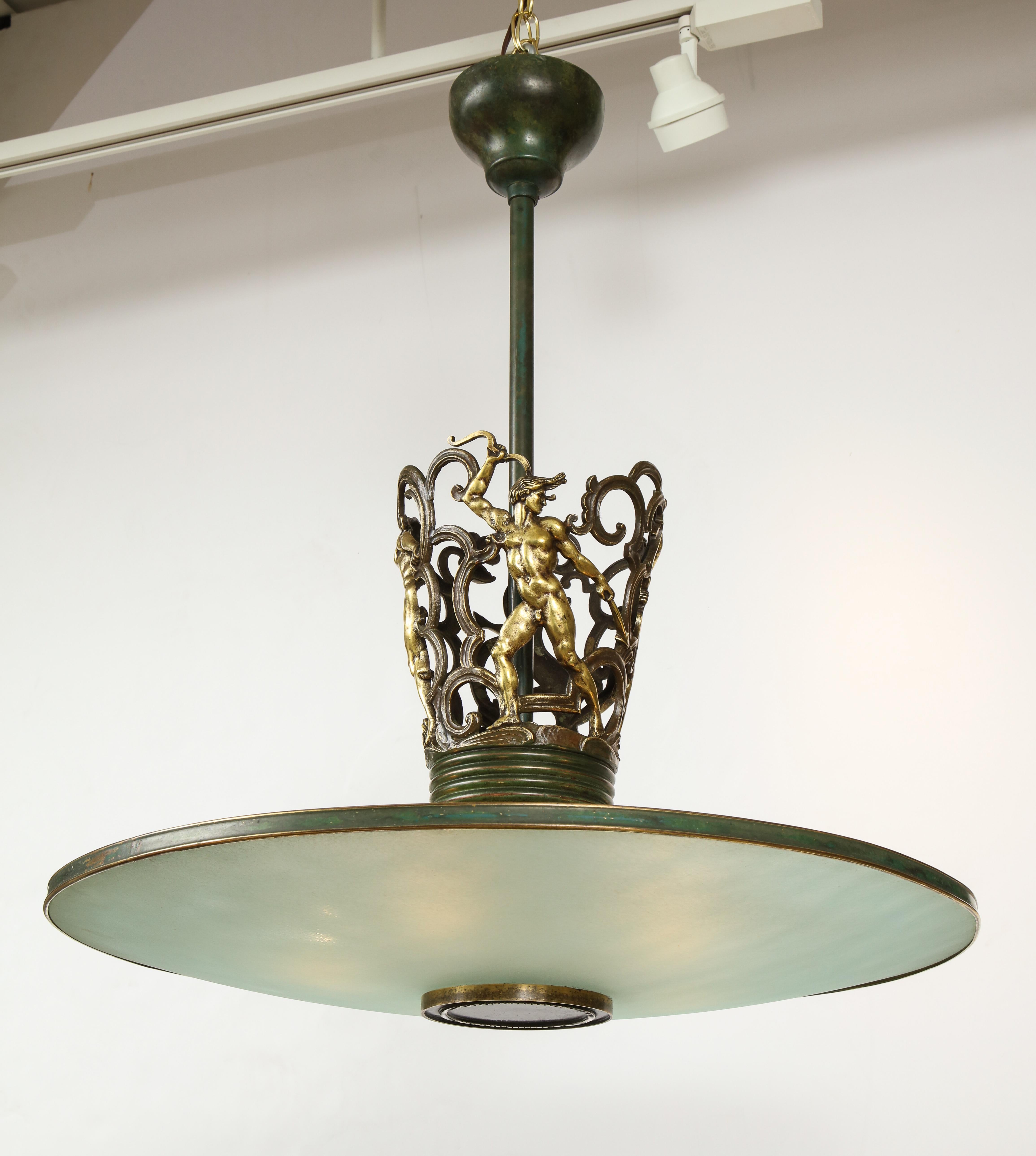 Swedish Grace Patinated Bronze and Frosted Glass Chandelier, circa 1920s 4