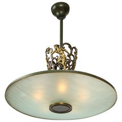 Swedish Grace Patinated Bronze and Frosted Glass Chandelier, circa 1920s