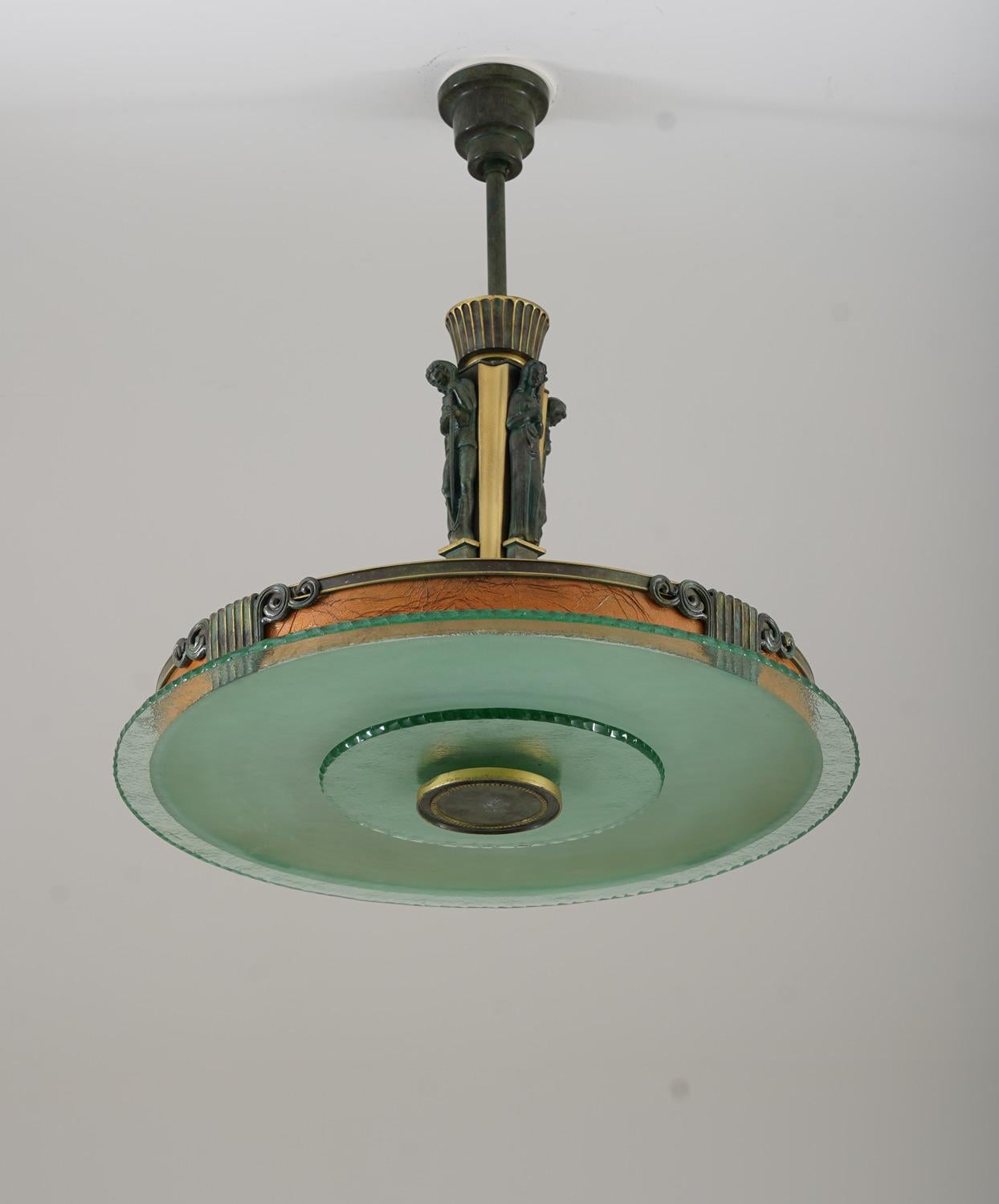 Mid-Century Modern Swedish Grace Pendant in Glass and Patinated Brass For Sale