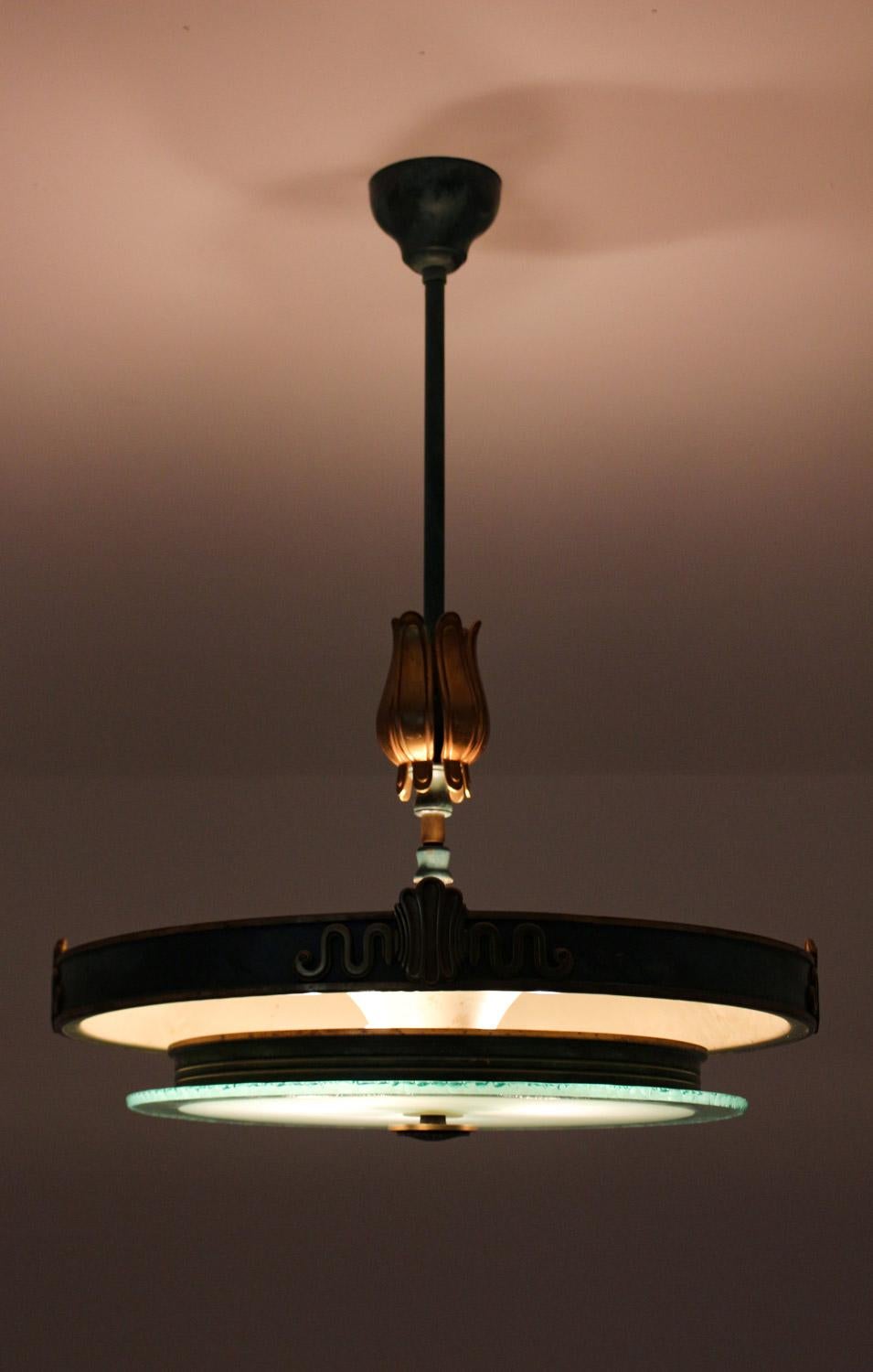 Mid-Century Modern Swedish Grace Pendant in Glass and Patinated Brass