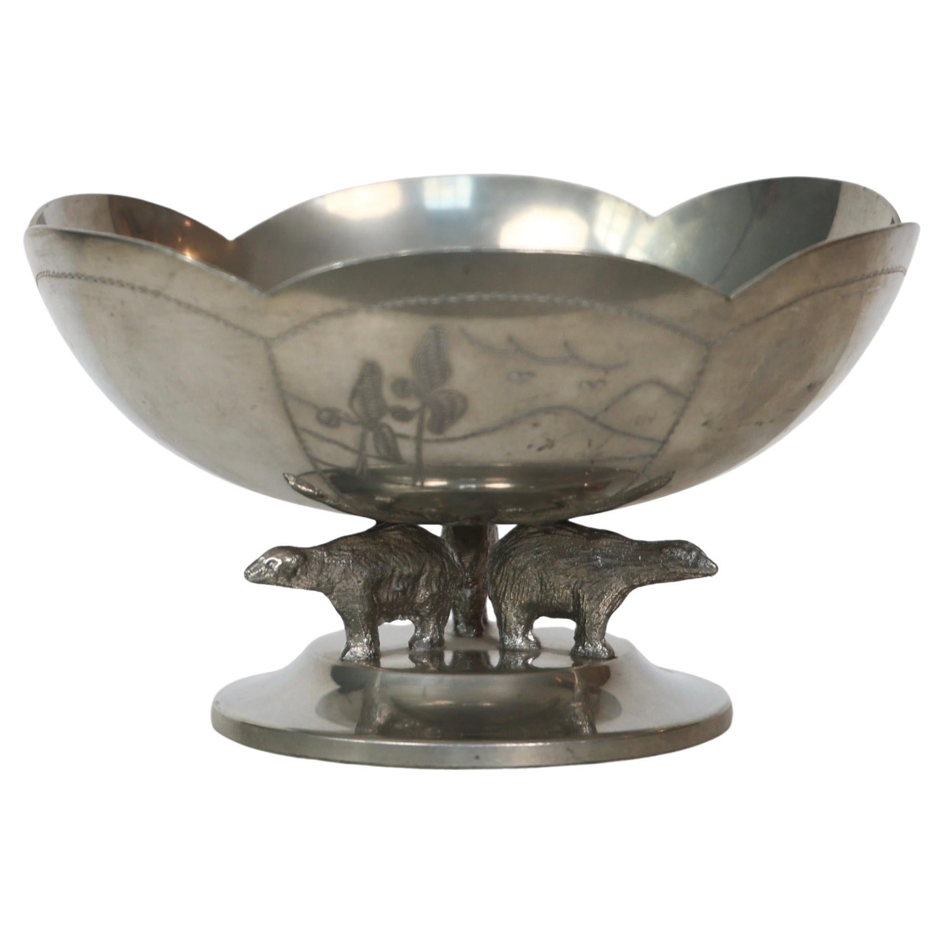 Swedish Grace Pewter Bowl with Polar Bears by Lundin & Lindberg, 1930s, Sweden For Sale