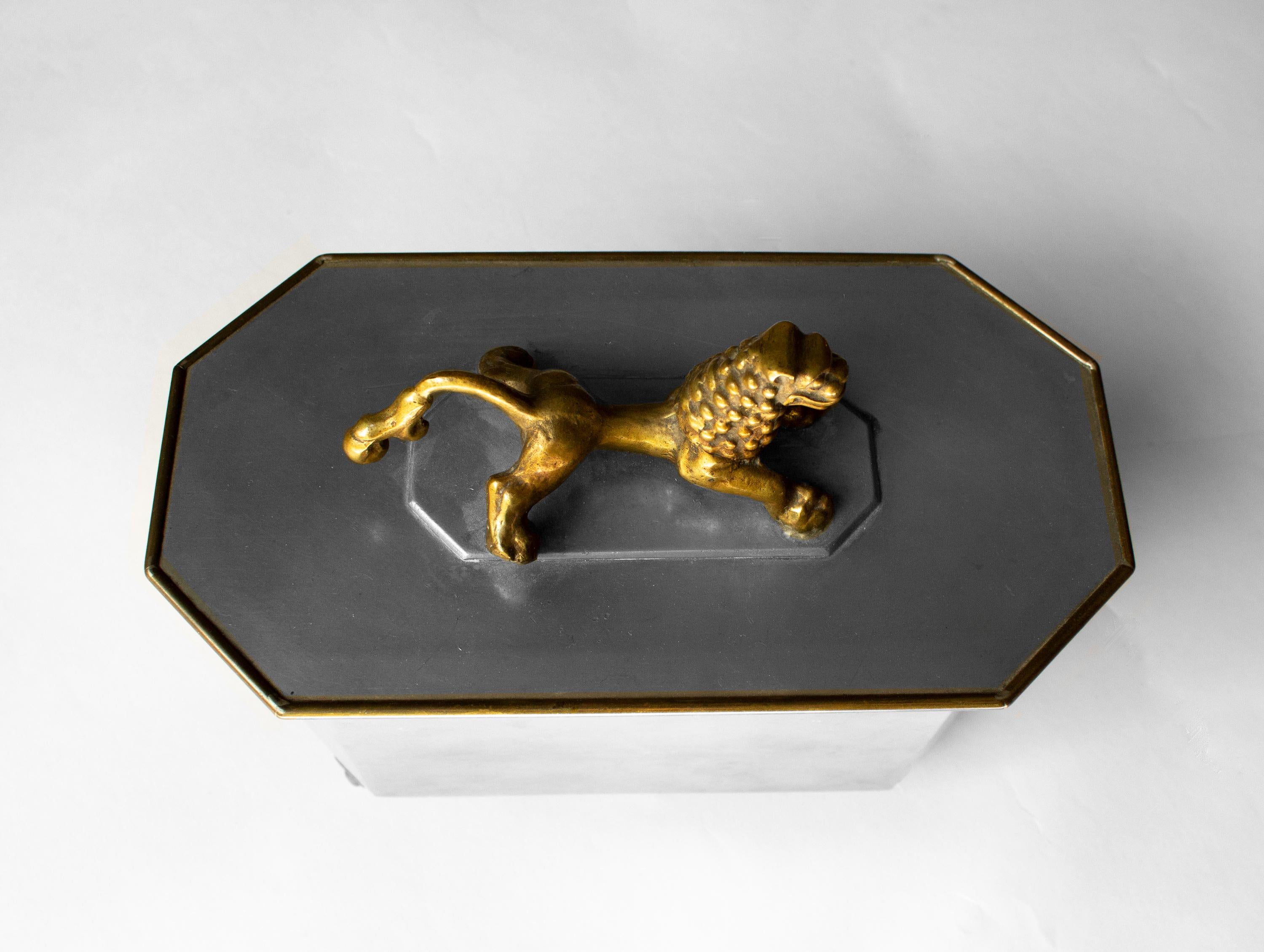 Hand-Crafted Swedish Grace Pewter Box with a brass lion sculpture For Sale