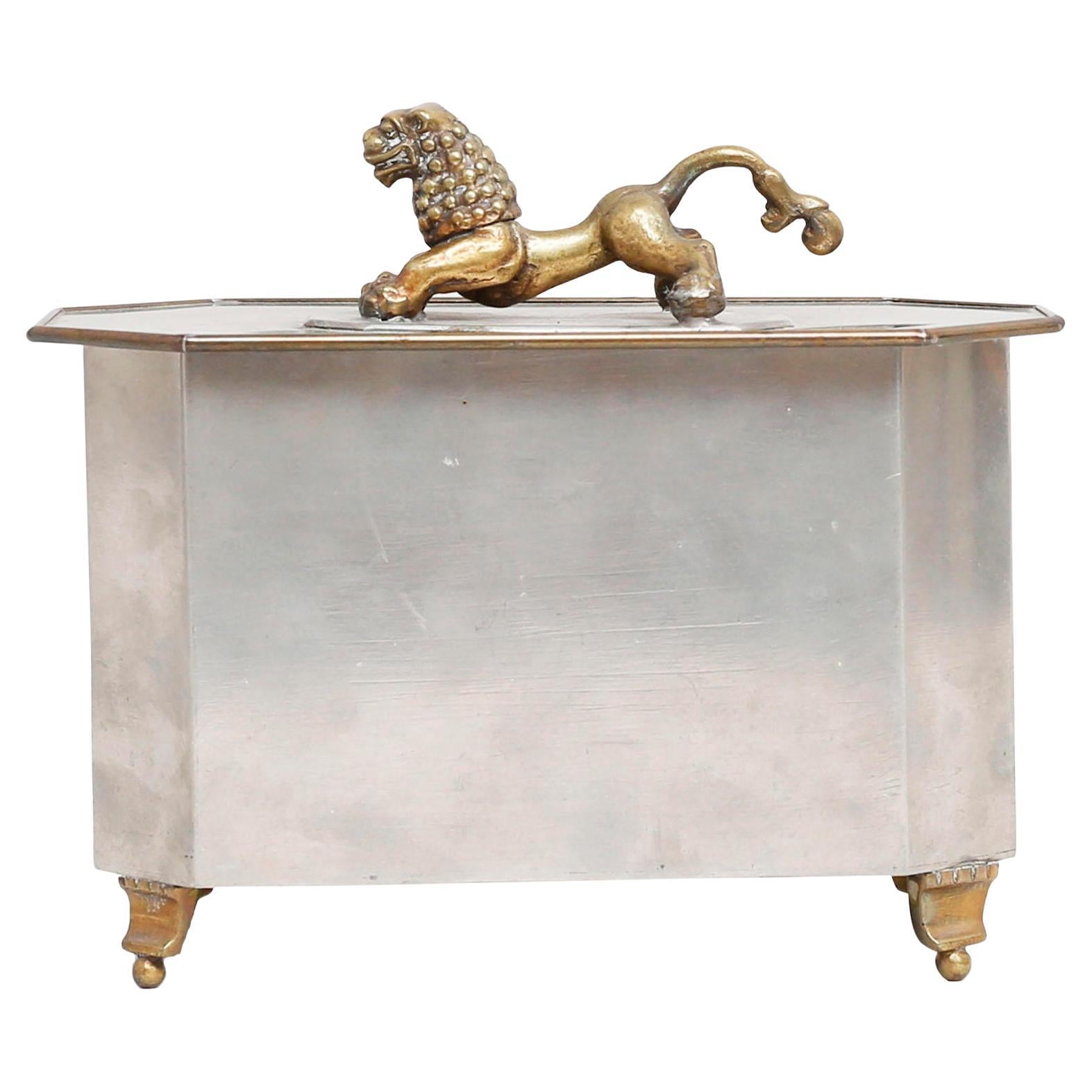 Swedish Grace Pewter Box with a brass lion sculpture For Sale