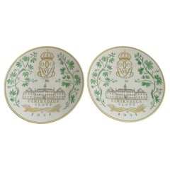 Retro Swedish Grace Plates with Ulriksdal Palace in Yellow and Green by Gefle 1951