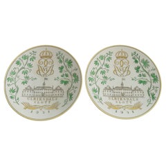 Platos de Gracia Suecos con Palacio Ulriksdal en amarillo y verde de Gefle 1951
