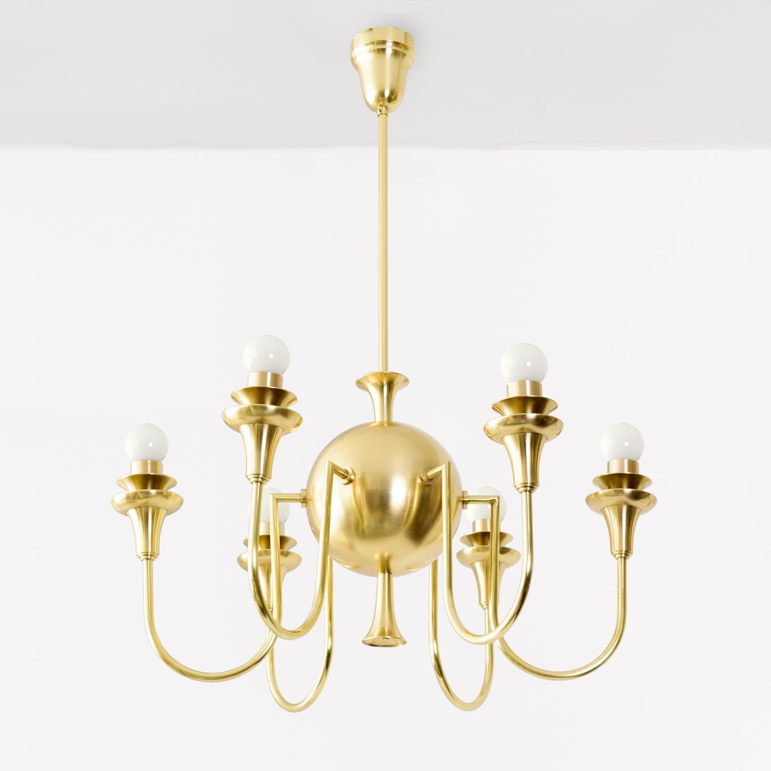 A Swedish Grace era, six-arm globe chandelier of exceptional quality and design, circa 1930. This fixture is a fine example of the era’s marriage of modernism with classicism, the results being a piece of design which embodies the best qualities of