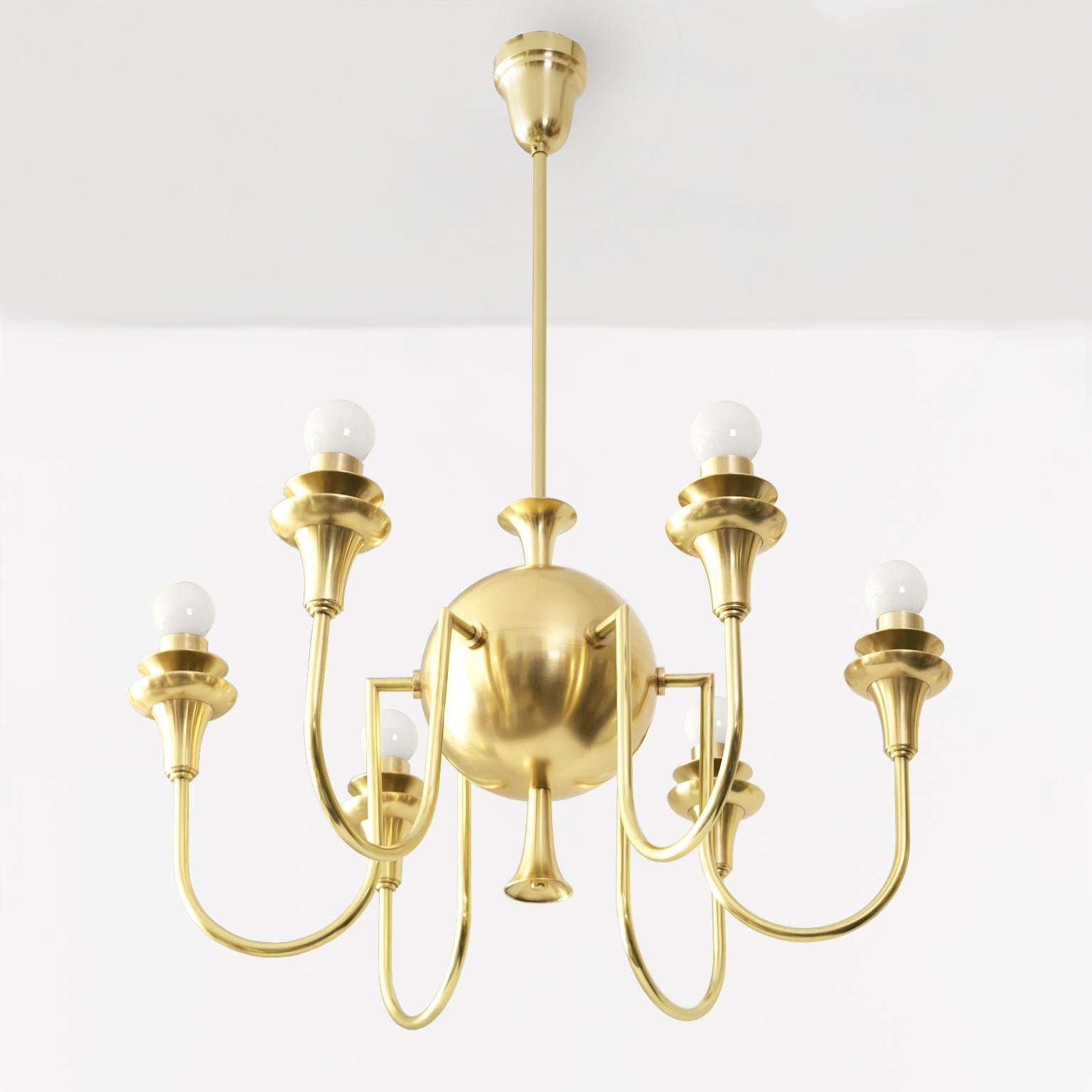 Scandinavian Modern Swedish Grace Six-Arm Globe Chandelier, in Polished Brass, circa 1930 For Sale