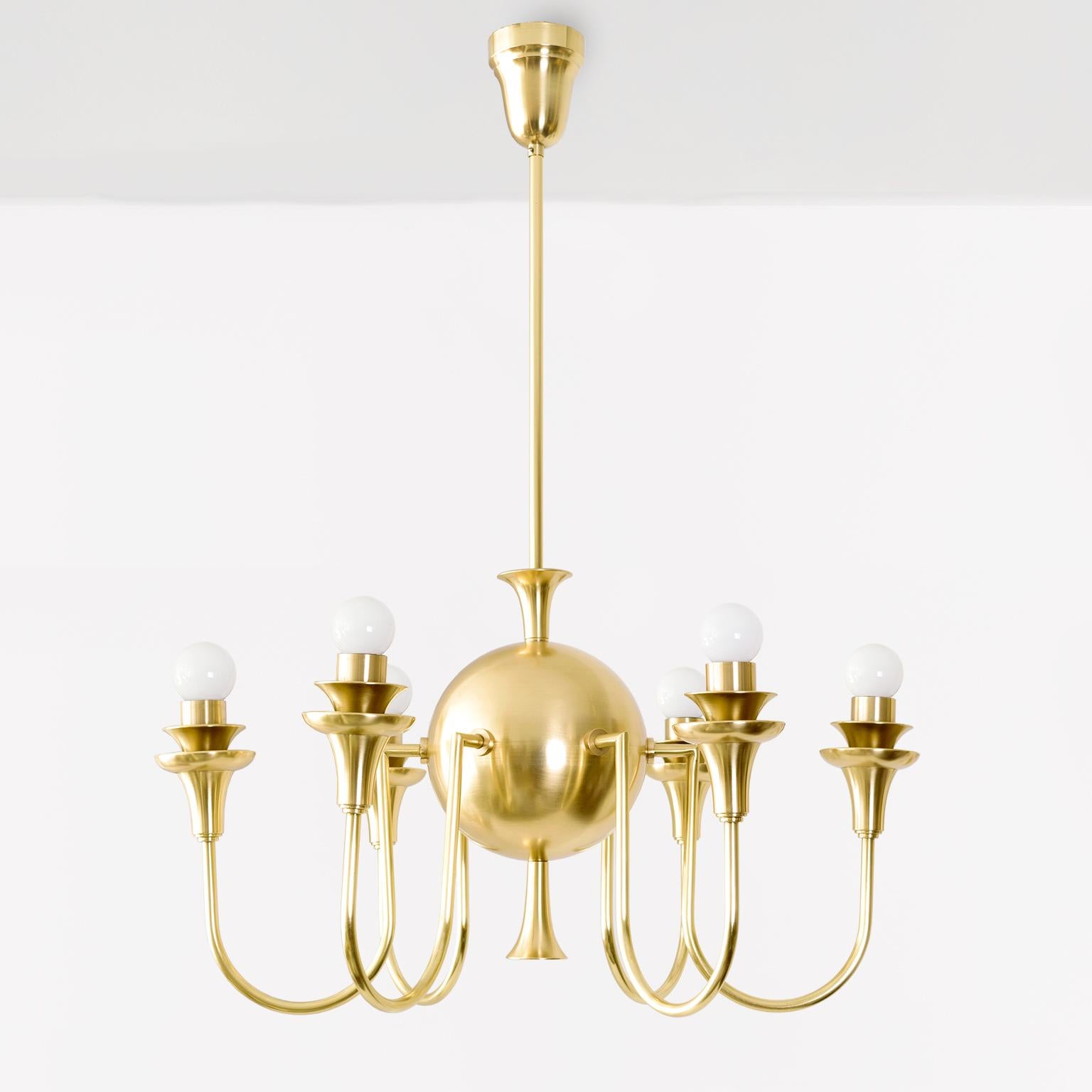 Scandinavian Swedish Grace Six-Arm Globe Chandelier, in Polished Brass, circa 1930 For Sale