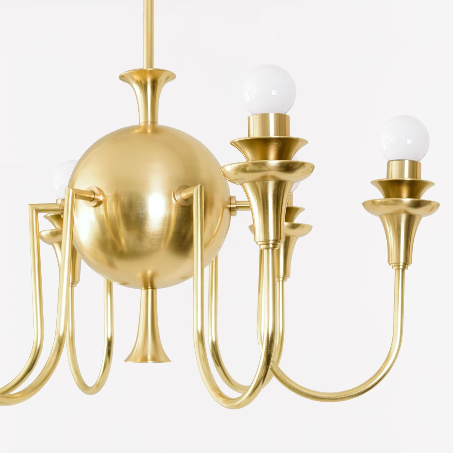 Swedish Grace Six-Arm Globe Chandelier, in Polished Brass, circa 1930 In Good Condition For Sale In New York, NY