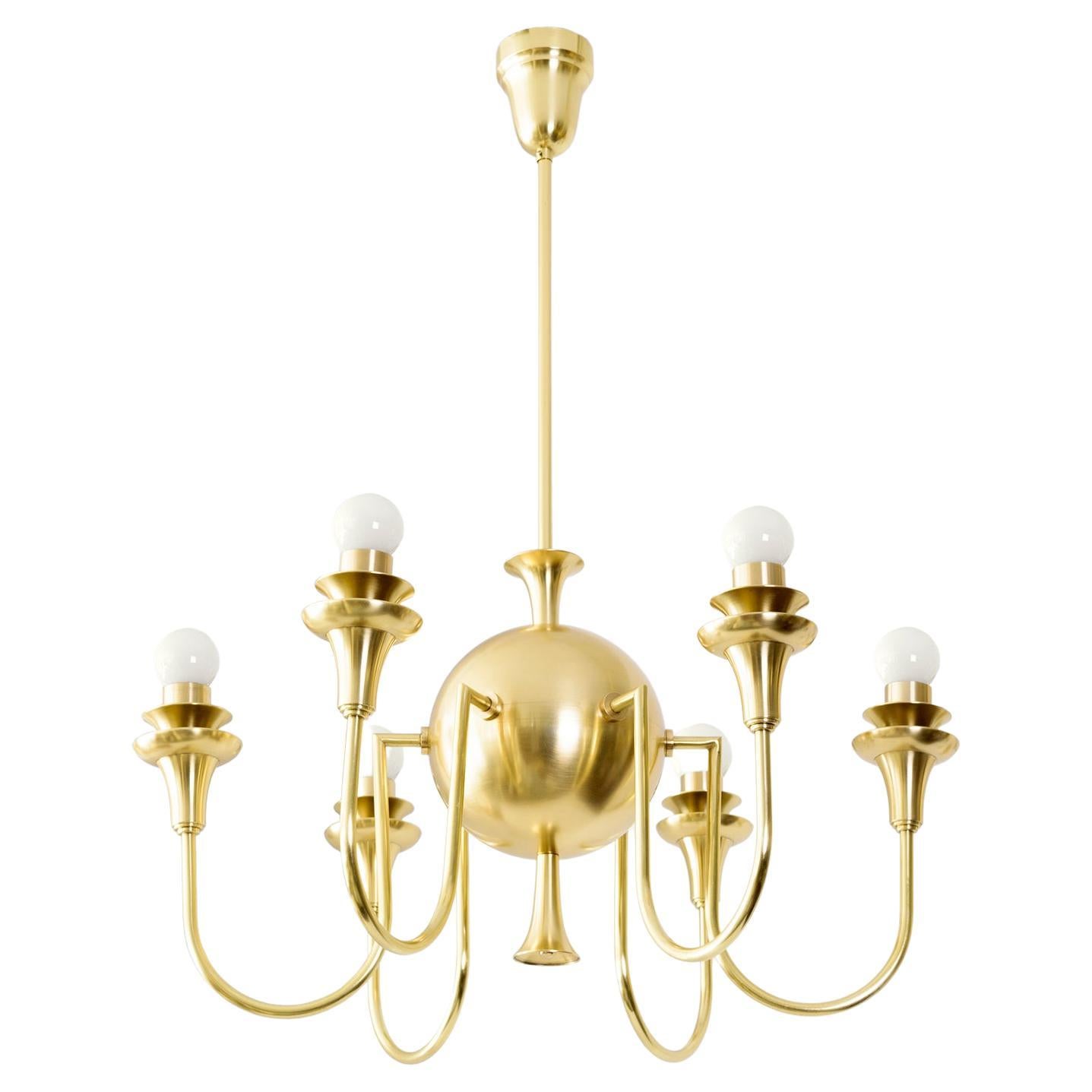 Swedish Grace Six-Arm Globe Chandelier, in Polished Brass, circa 1930 For Sale