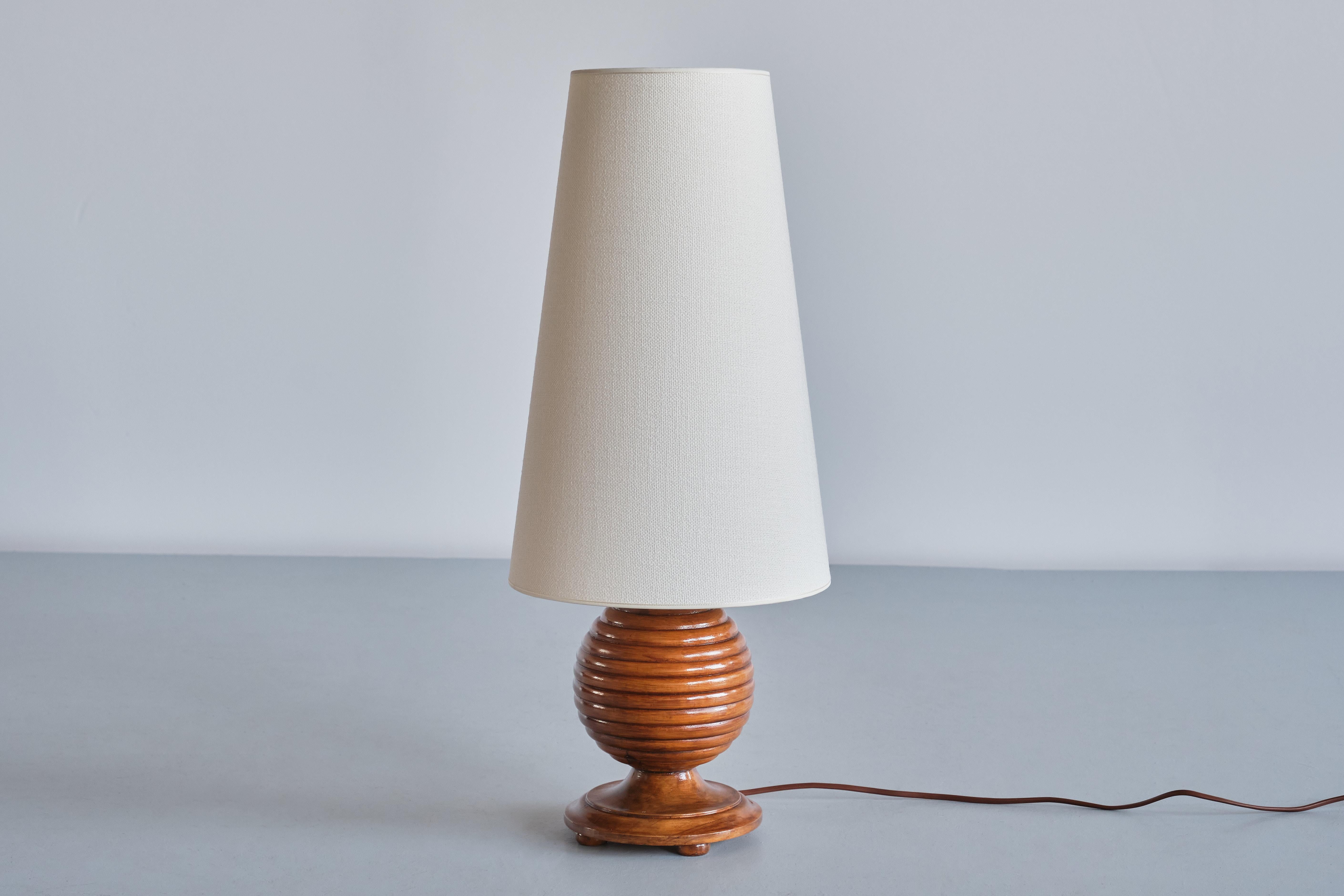 Fabric Swedish Grace Sphere Shaped Table Lamp in Reeded Birch Wood, Sweden, 1930s