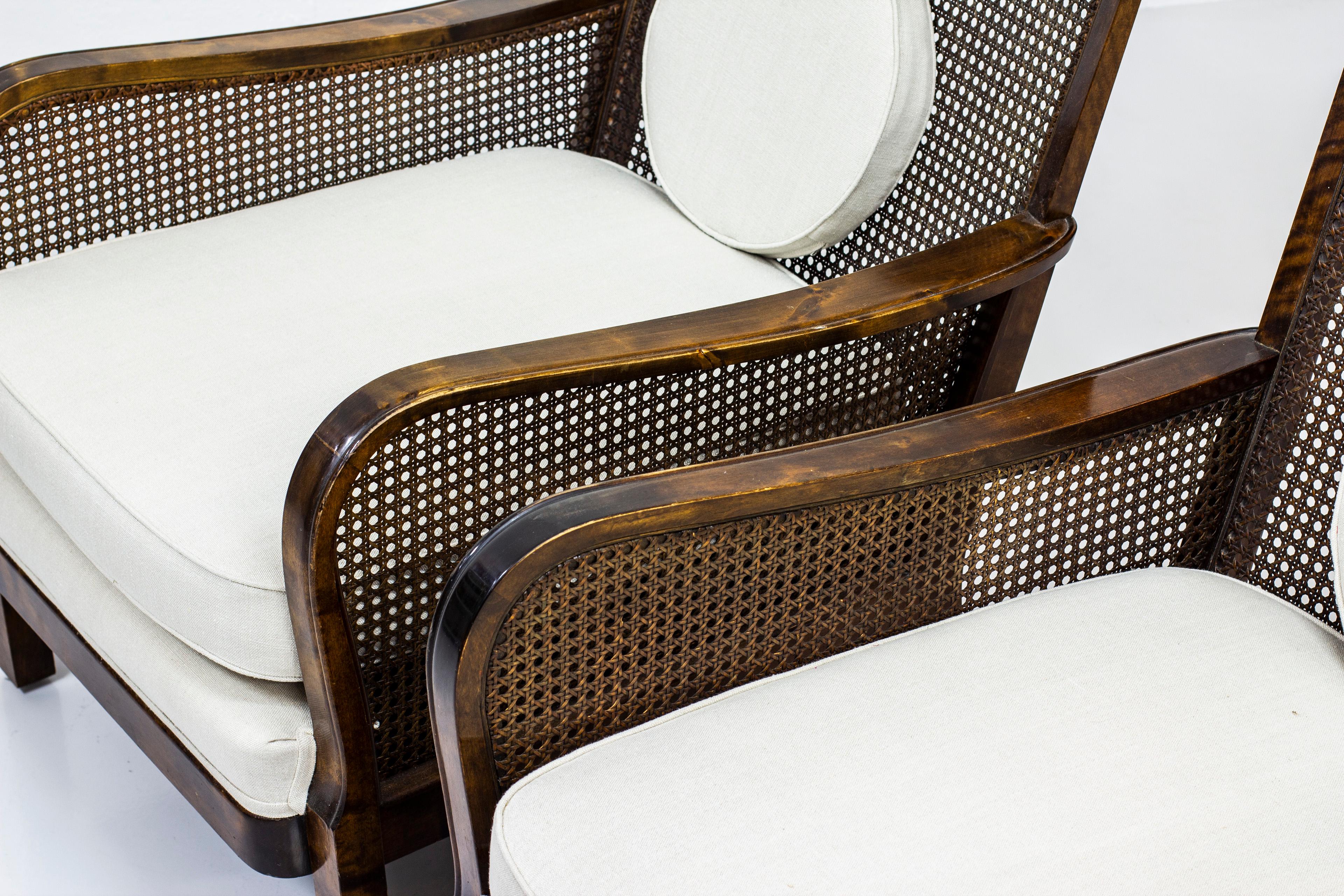 Linen Swedish Grace Style Lounge Chairs Attributed to Otto Schulz and Boet