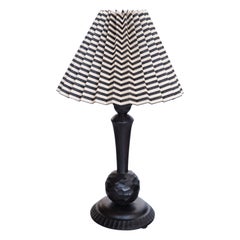 Swedish Grace Table Lamp in Carved Wood, Svenskt Tenn Shade, Sweden, 1930s