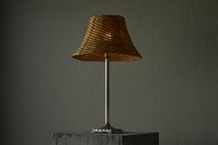 Swedish Grace Table Lamp in Pewter with Rattan Shade Sweden 1930s