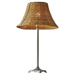 Swedish Grace Table Lamp in Pewter with Rattan Shade Sweden 1930s