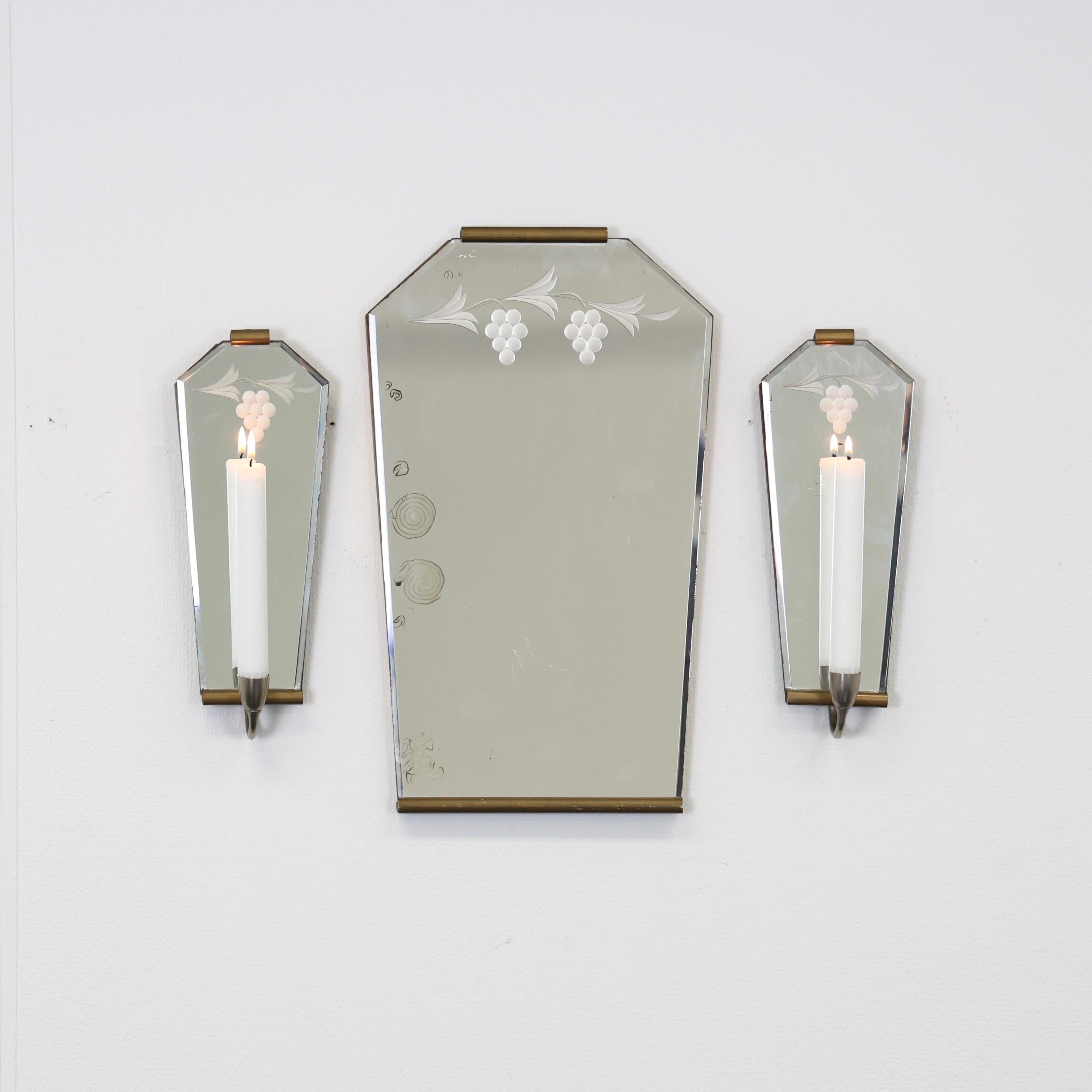 Art déco Miroir mural Grace et appliques à bougies, années 1940, Suède en vente