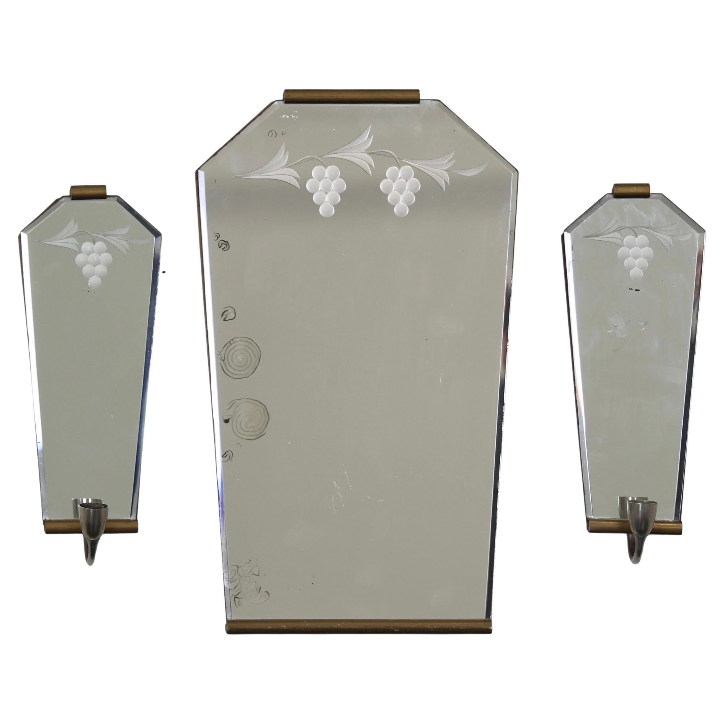 Miroir mural Grace et appliques à bougies, années 1940, Suède en vente