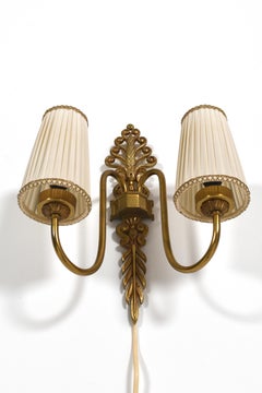 Swedish Grace Wall Sconce with Brass Frame and Pleated Shades, Sweden, 1940s