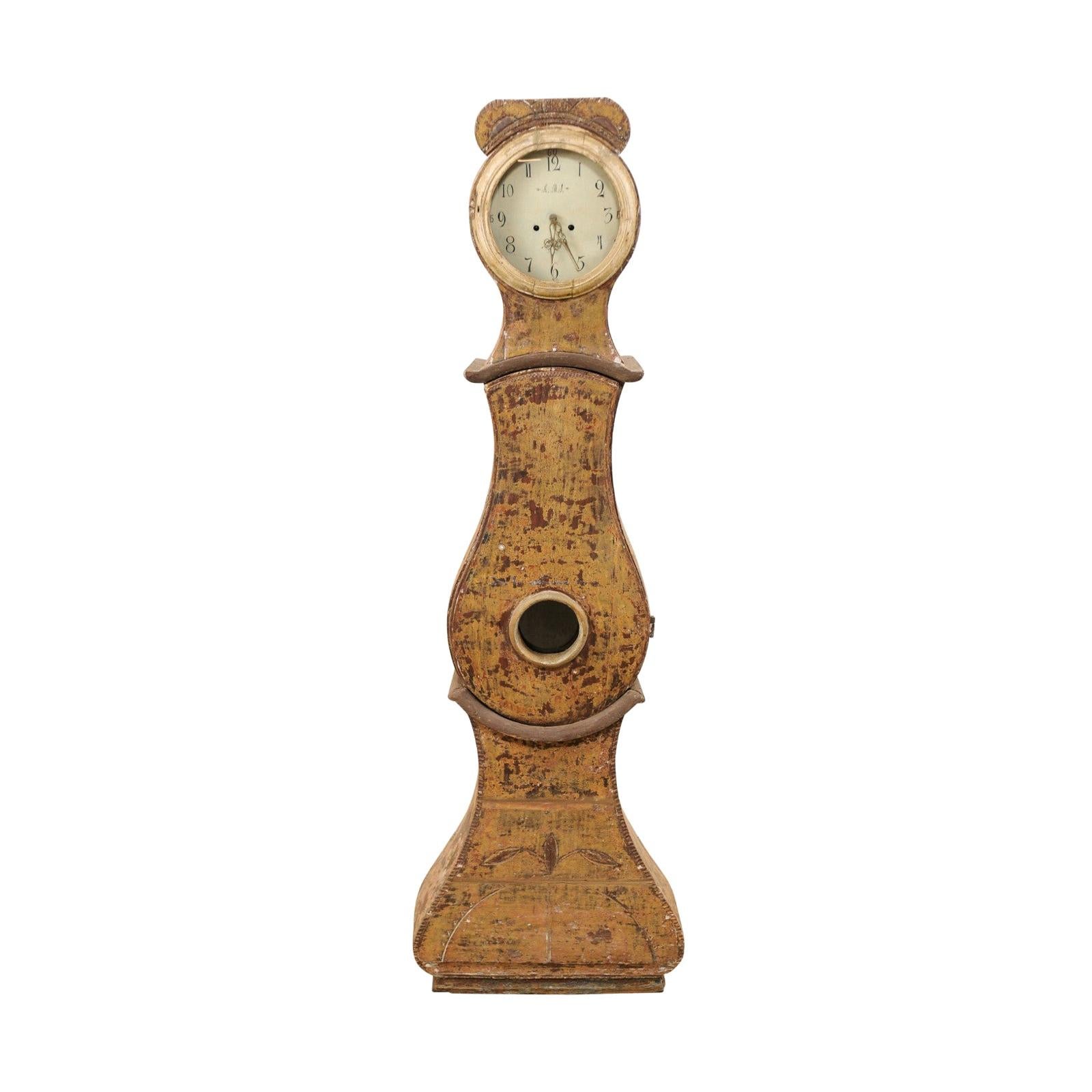 19th C. Swedish Grandfather Clock with it's Original Face & Warm Color Palette For Sale