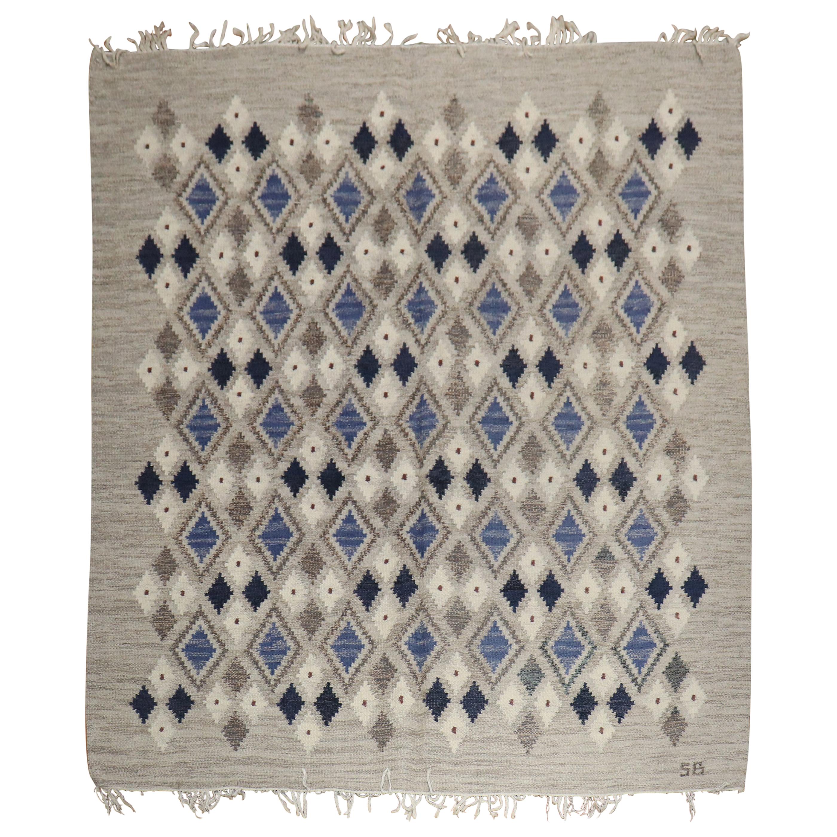 Swedish Gray Blue Ivory Flat Weave Rug Designed & Signed by Sigvard Bernadotte
