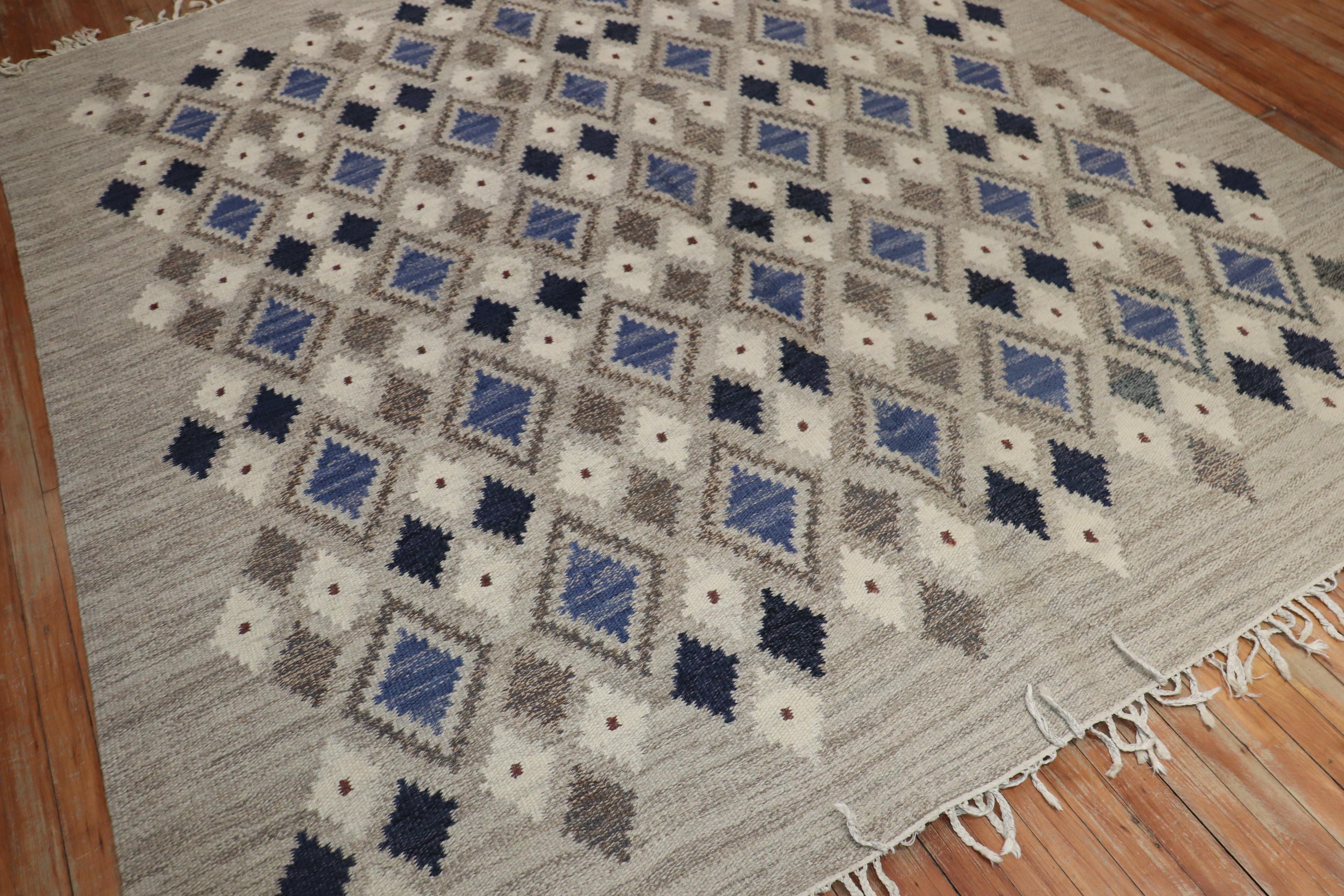 Hand-Knotted Swedish Gray Blue Ivory Flat Weave Rug Designed & Signed by Sigvard Bernadotte