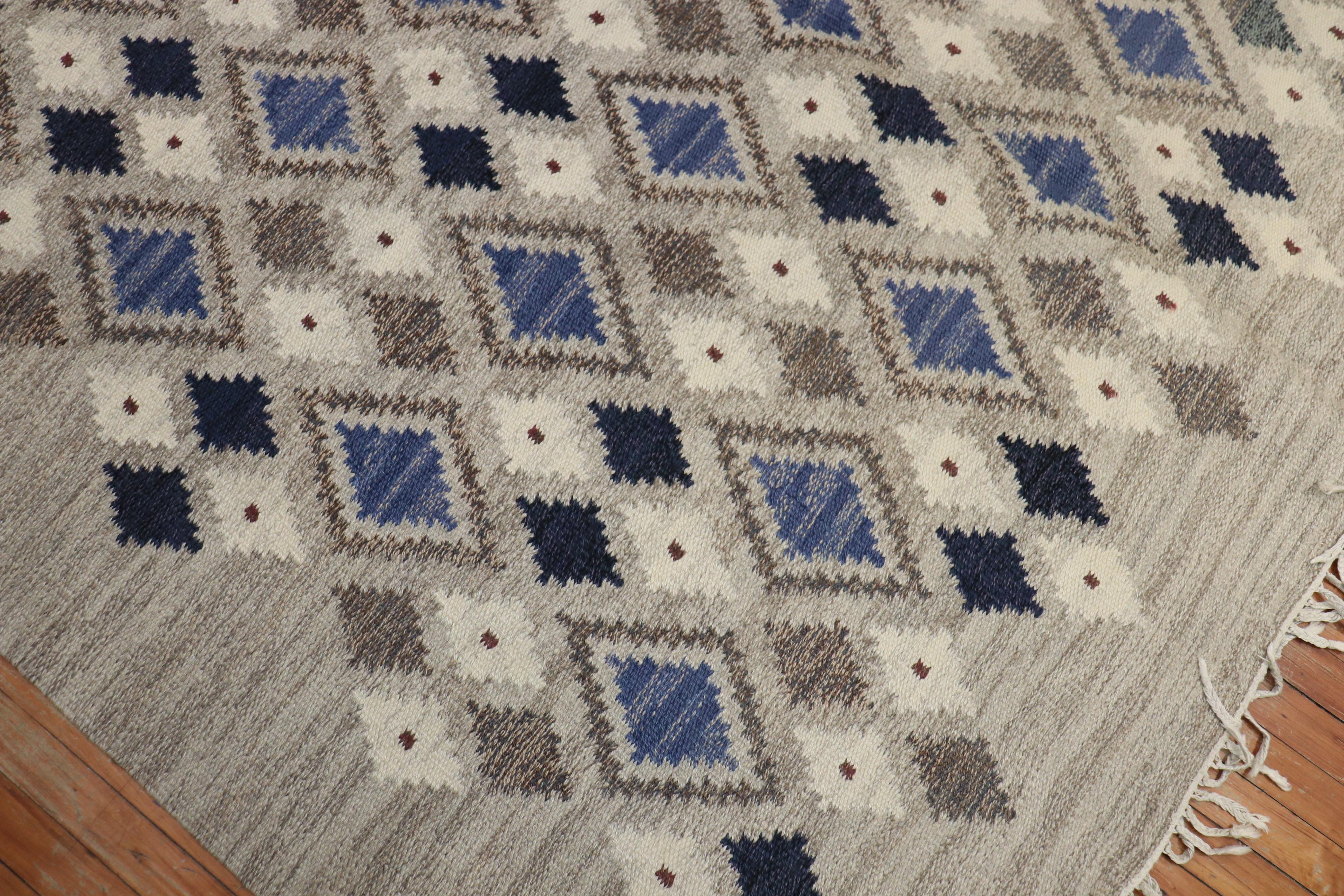 Swedish Gray Blue Ivory Flat Weave Rug Designed & Signed by Sigvard Bernadotte In Good Condition In New York, NY