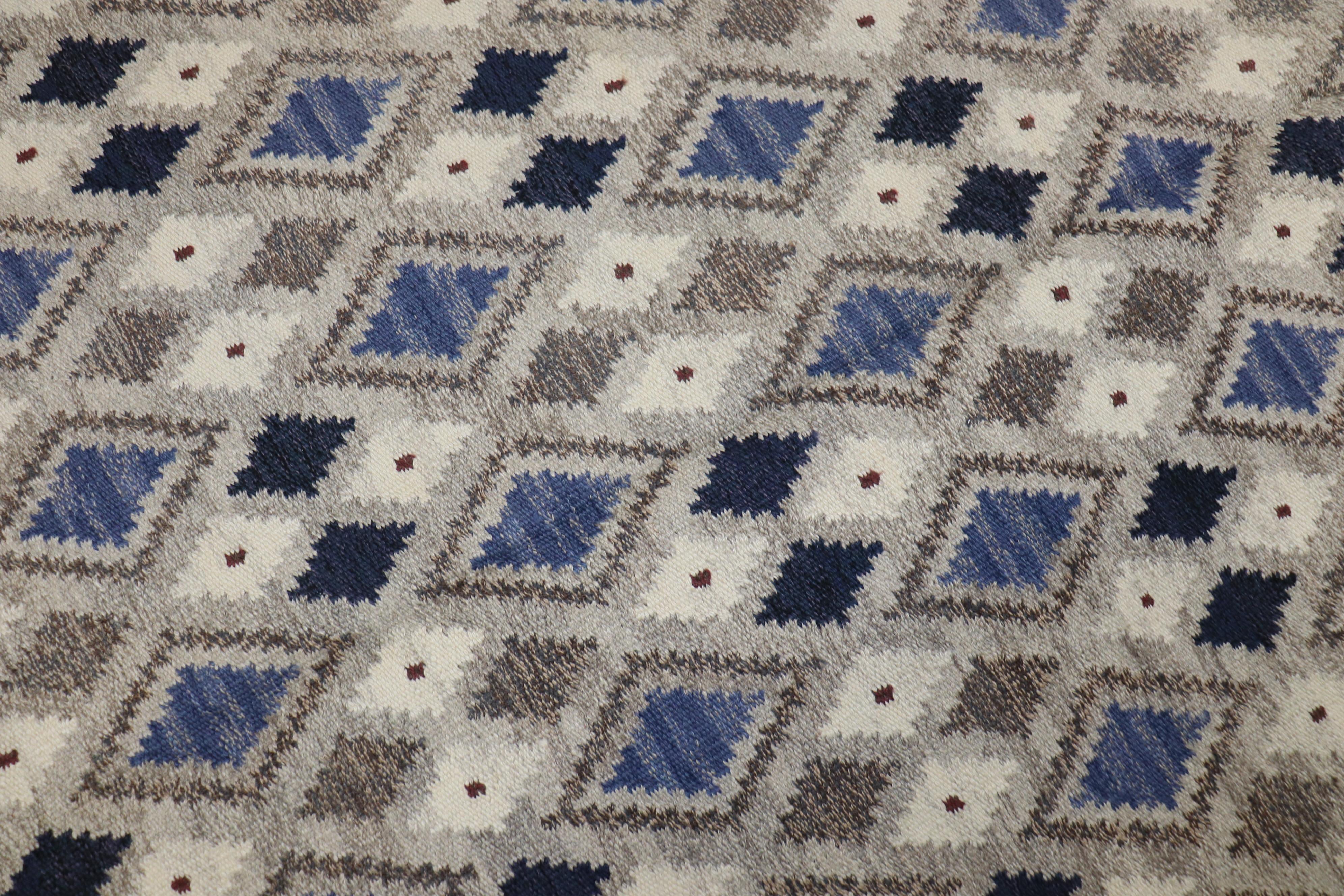 Wool Swedish Gray Blue Ivory Flat Weave Rug Designed & Signed by Sigvard Bernadotte