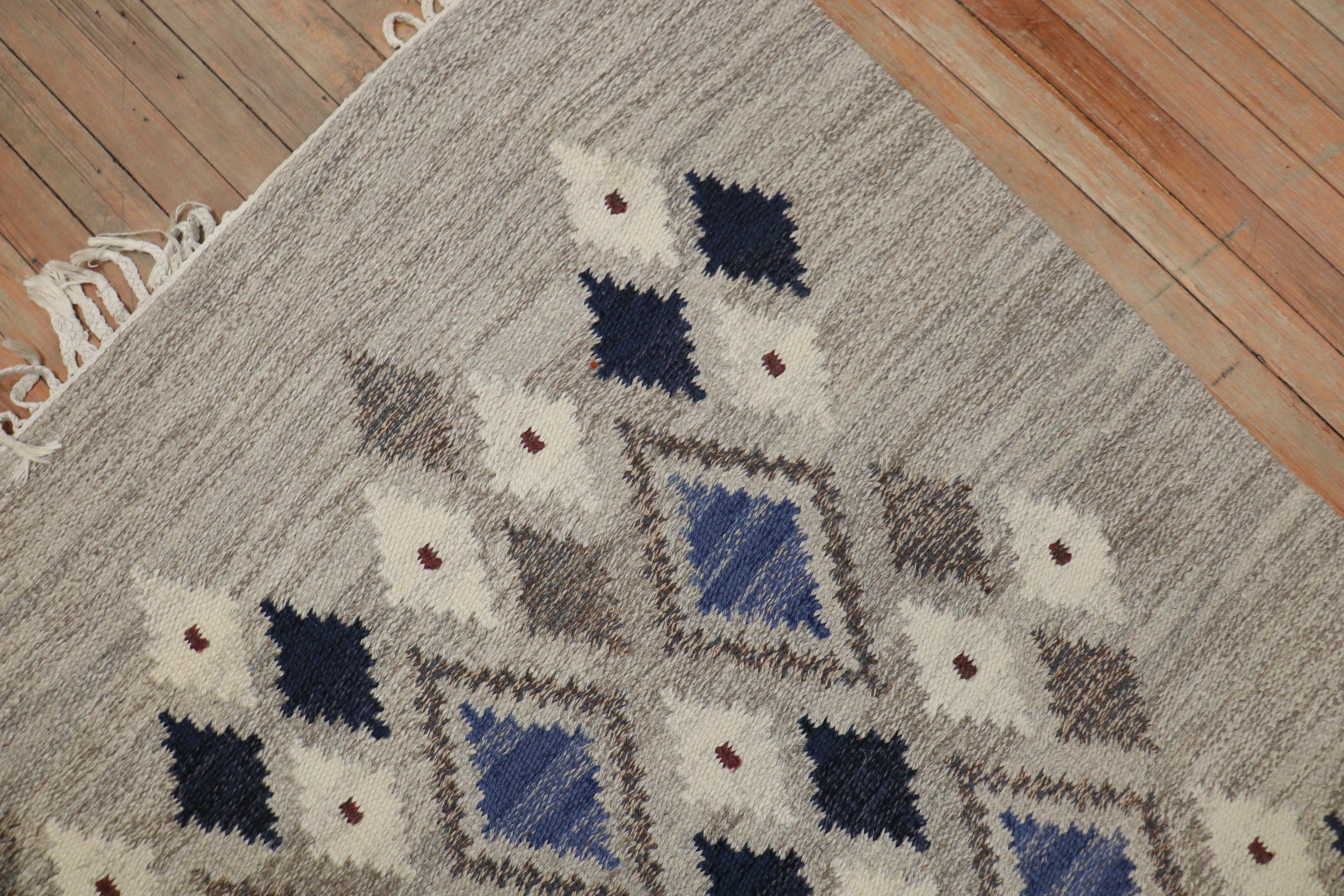 Swedish Gray Blue Ivory Flat Weave Rug Designed & Signed by Sigvard Bernadotte 1