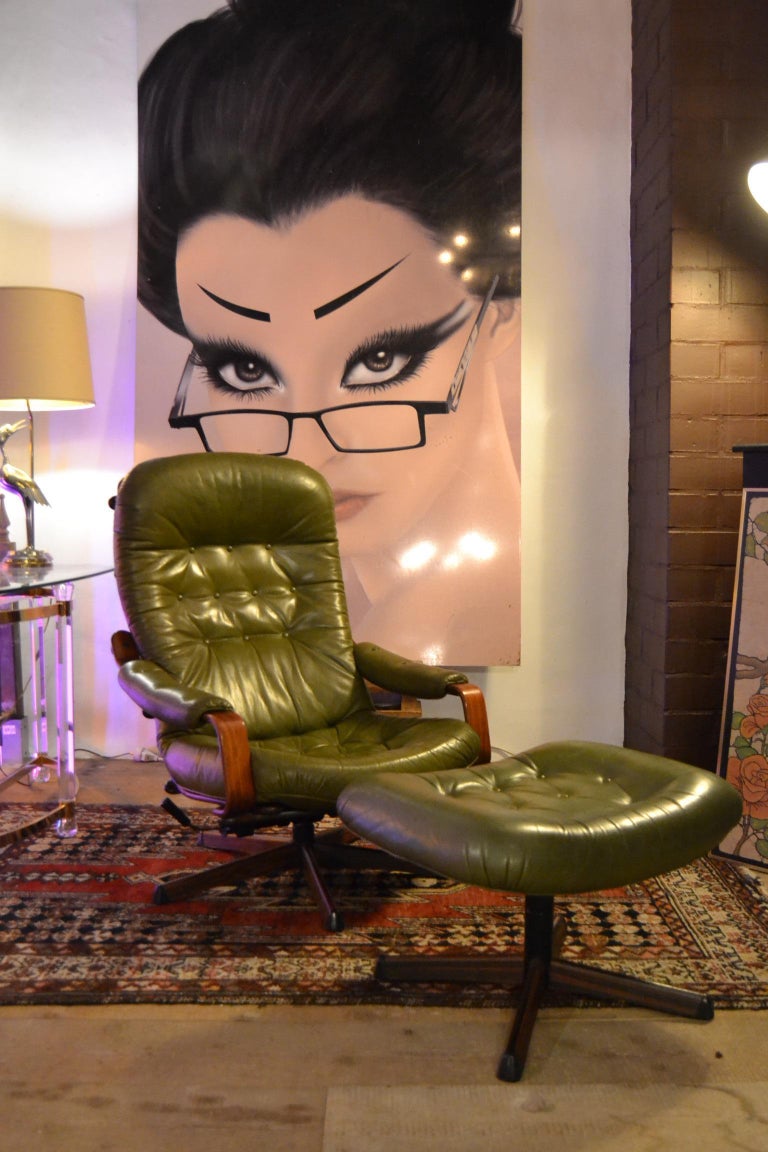 Swedish Green Leather Swivel Chair and Ottoman by Göte Möbel