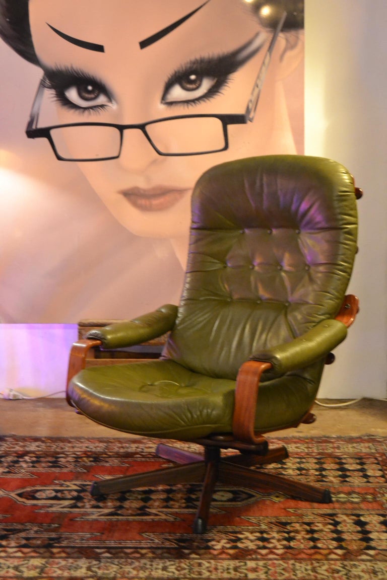 Swedish Green Leather Swivel Chair and Ottoman by Göte ...