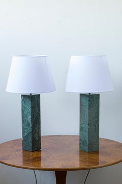 Swedish Green marble "Verde Guatemala" and brass table lamps by Bergboms