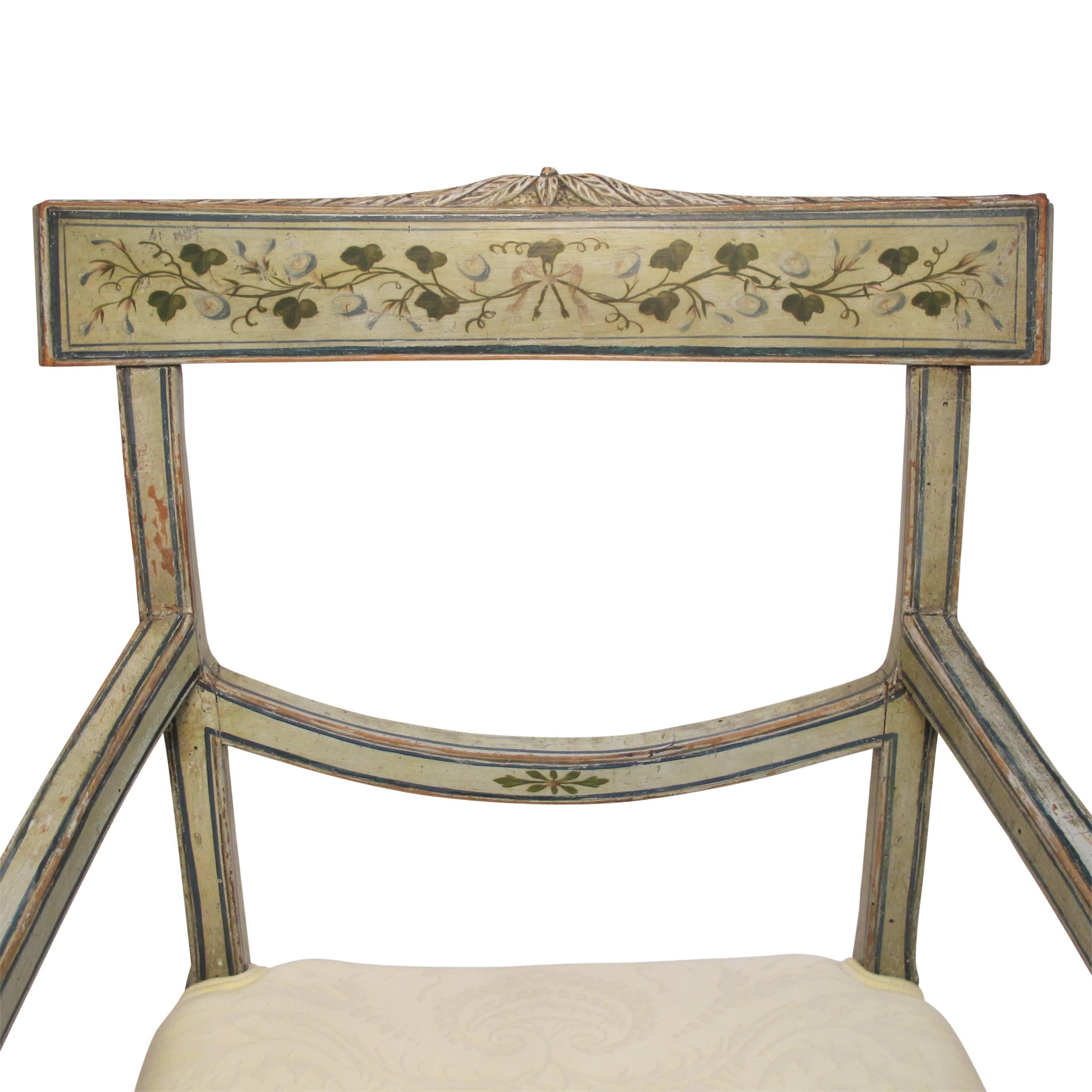 Hand-Painted Swedish Green Painted Armchair with Vintage Fortuny Upholstery, 19th Century