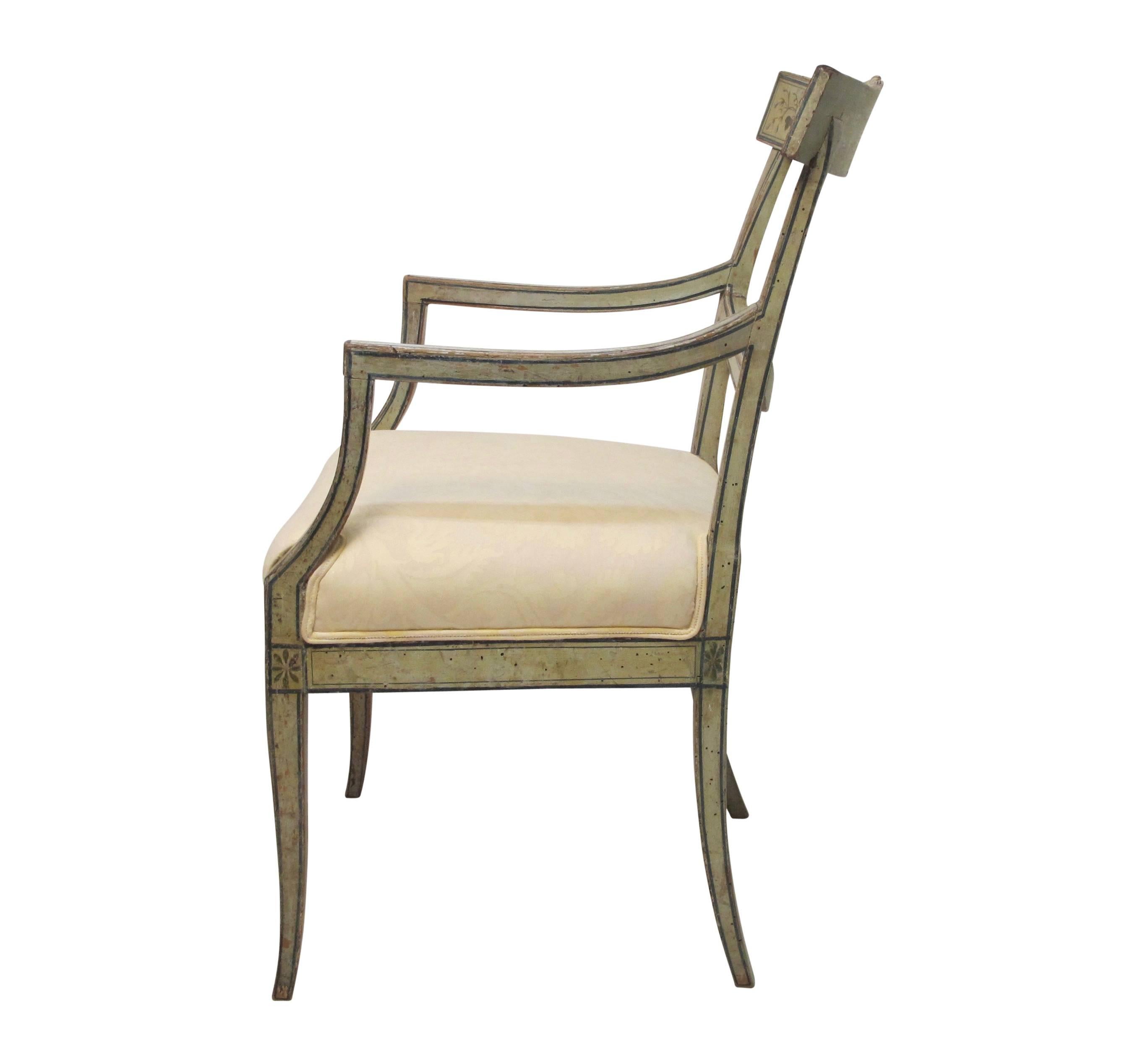 Swedish Green Painted Armchair with Vintage Fortuny Upholstery, 19th Century In Excellent Condition In San Francisco, CA