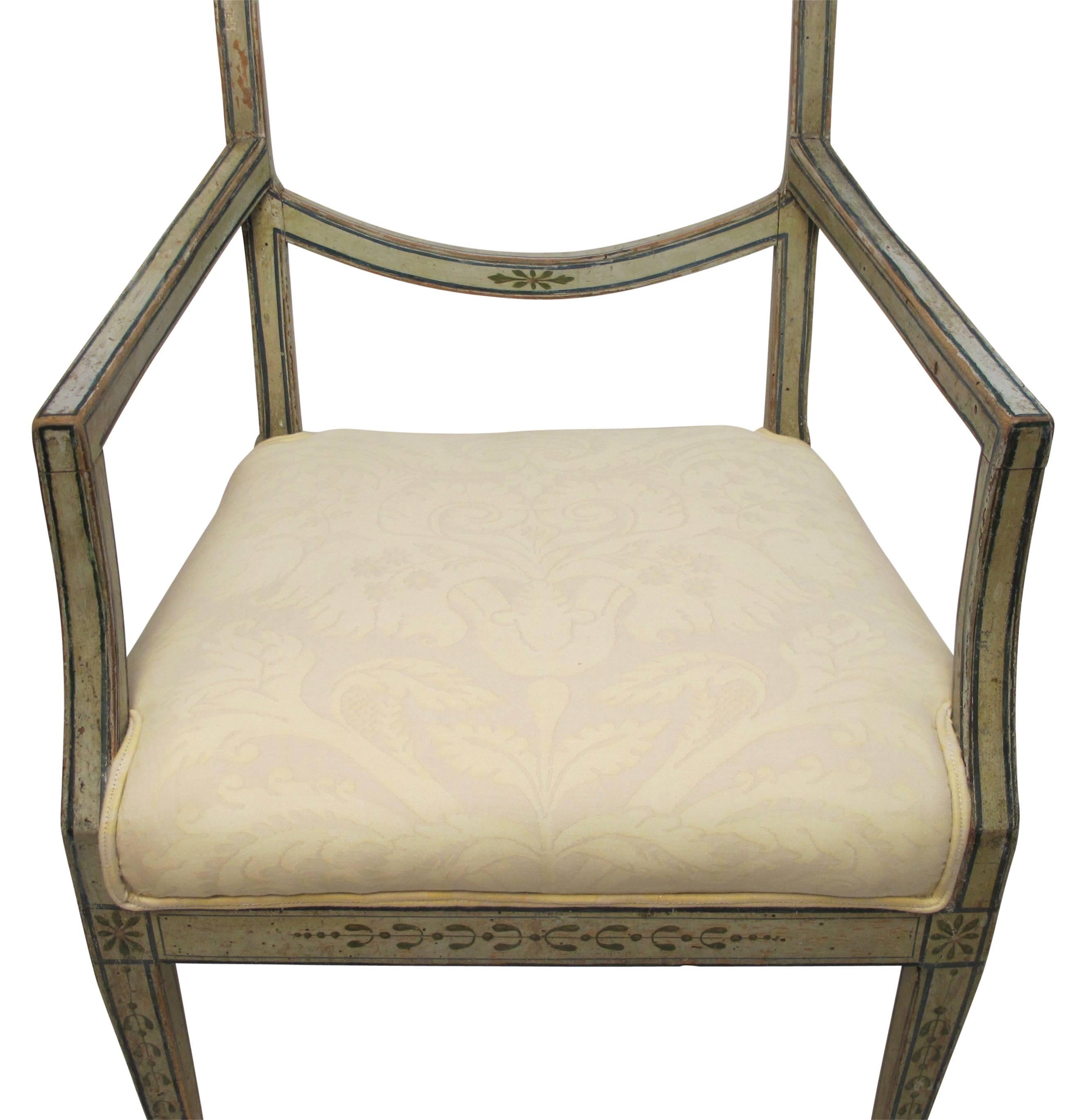 Wood Swedish Green Painted Armchair with Vintage Fortuny Upholstery, 19th Century