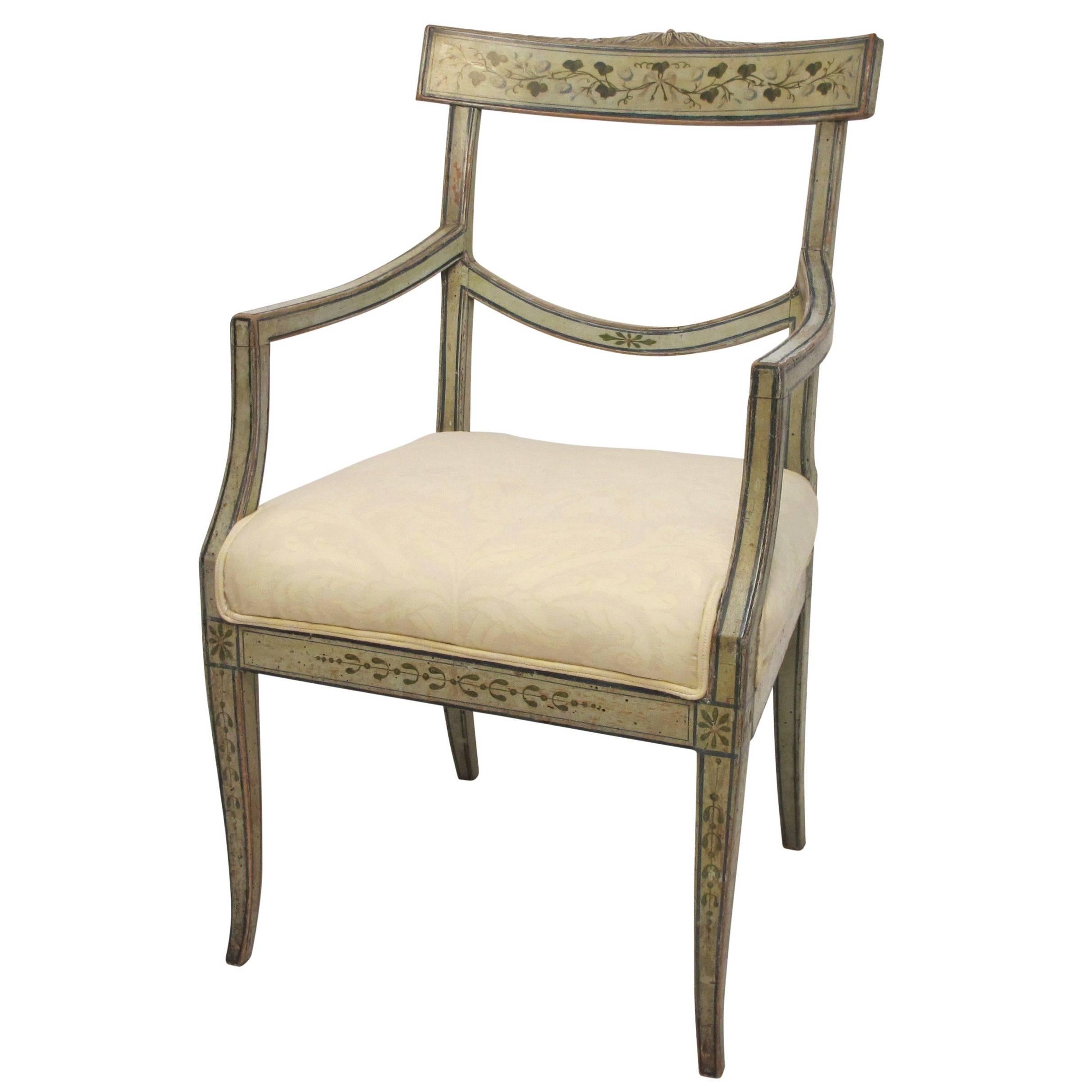 Swedish Green Painted Armchair with Vintage Fortuny Upholstery, 19th Century