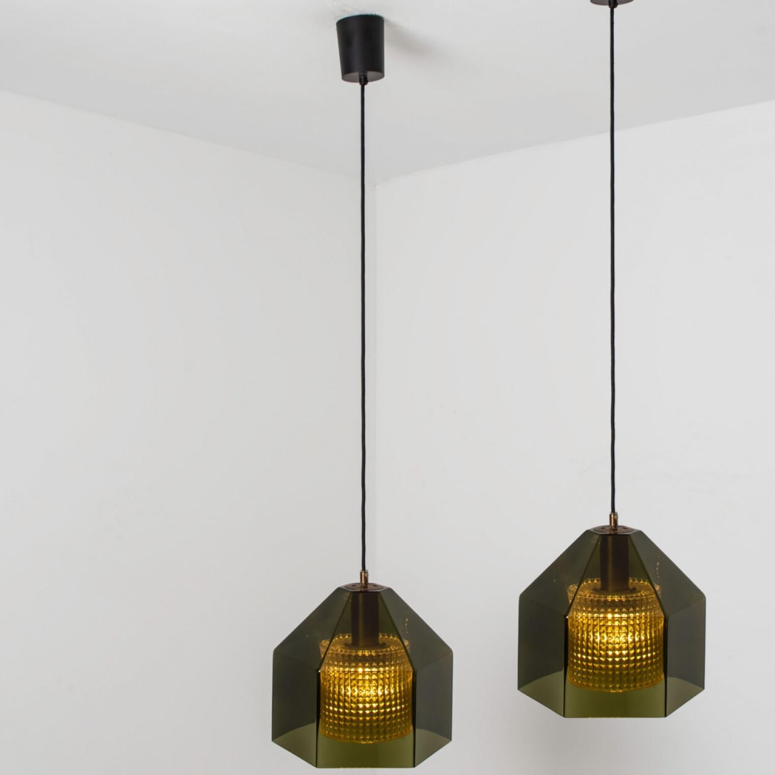 Swedish Green Tinted Glass & Brass Pendant Lamp by Carl Fagerlund for Orrefors For Sale 7
