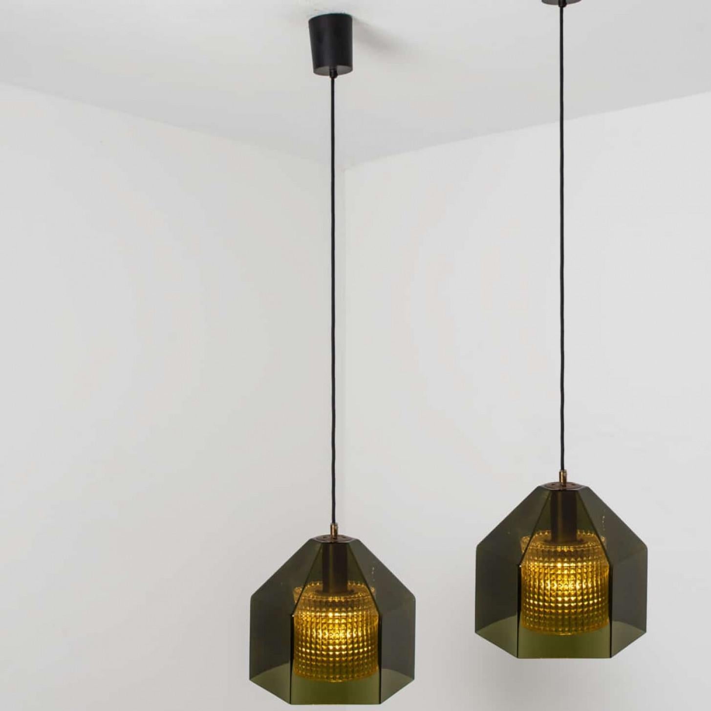 Swedish Green Tinted Glass & Brass Pendant Lamp by Carl Fagerlund for Orrefors in vendita 5