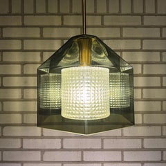 Swedish Green Tinted Glass & Brass Pendant Lamp by Carl Fagerlund for Orrefors