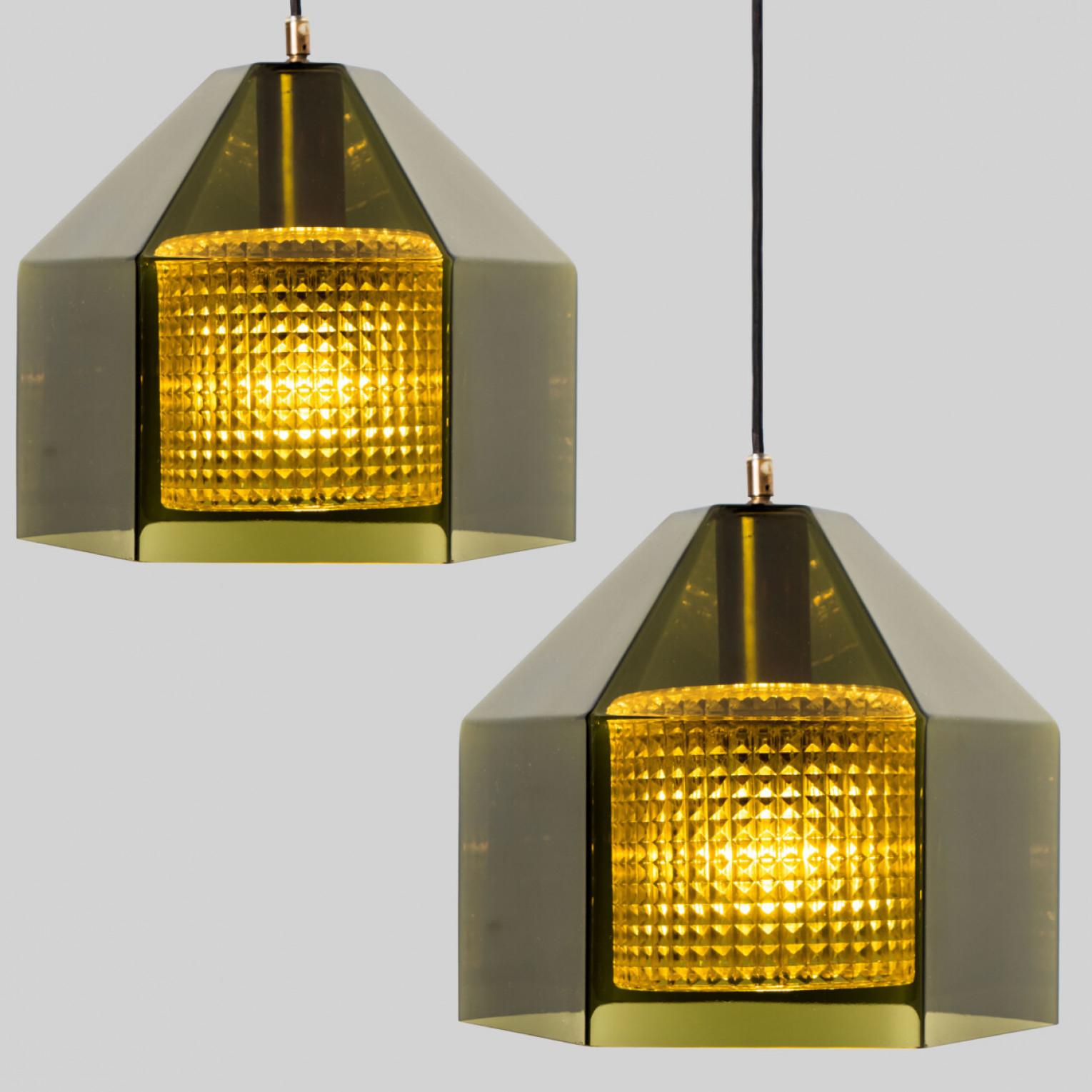 Mid-Century Modern Swedish Green Tinted Glass & Brass Pendant Lamp by Carl Fagerlund for Orrefors For Sale