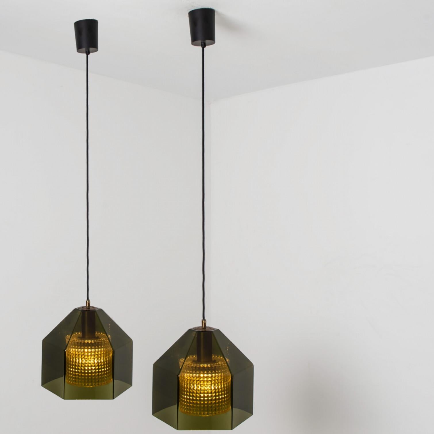 Other Swedish Green Tinted Glass & Brass Pendant Lamp by Carl Fagerlund for Orrefors For Sale